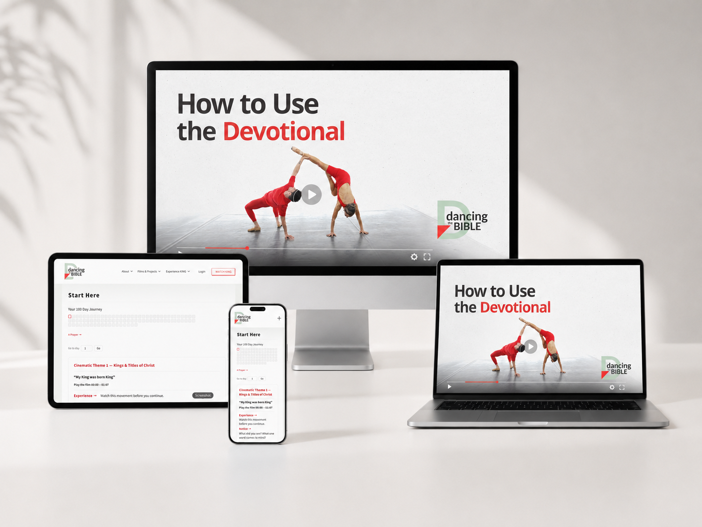 Multiple electronic devices displaying a presentation titled "How to Use the Devotional" with dancers performing a pose, with a desktop monitor in the center, a laptop on the right, a tablet on the left, and a smartphone in front of the tablet.
