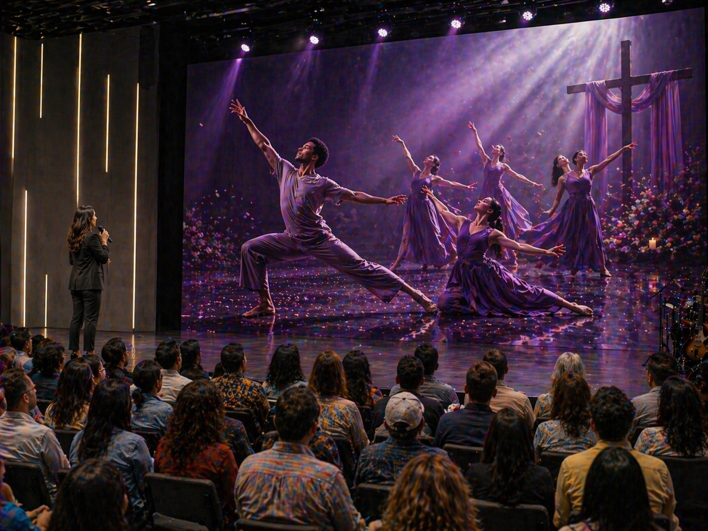 A dance performance on stage with seven dancers in purple dresses and two male dancers in purple wear, with a background of a large cross and colorful abstract visuals. An audience watches from the theater.