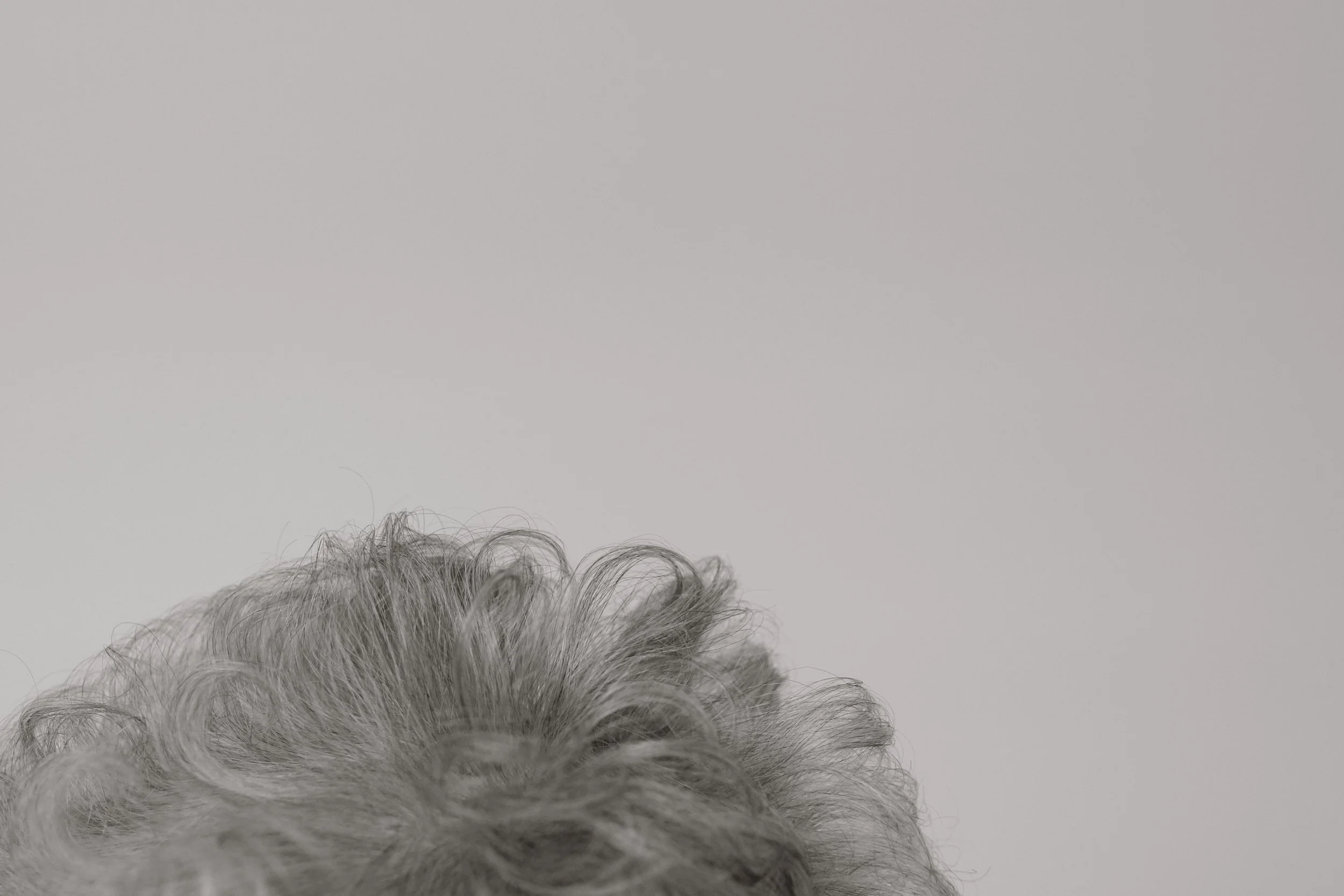 Close-up of gray, curly hair on a person's head against a plain, light gray background.
