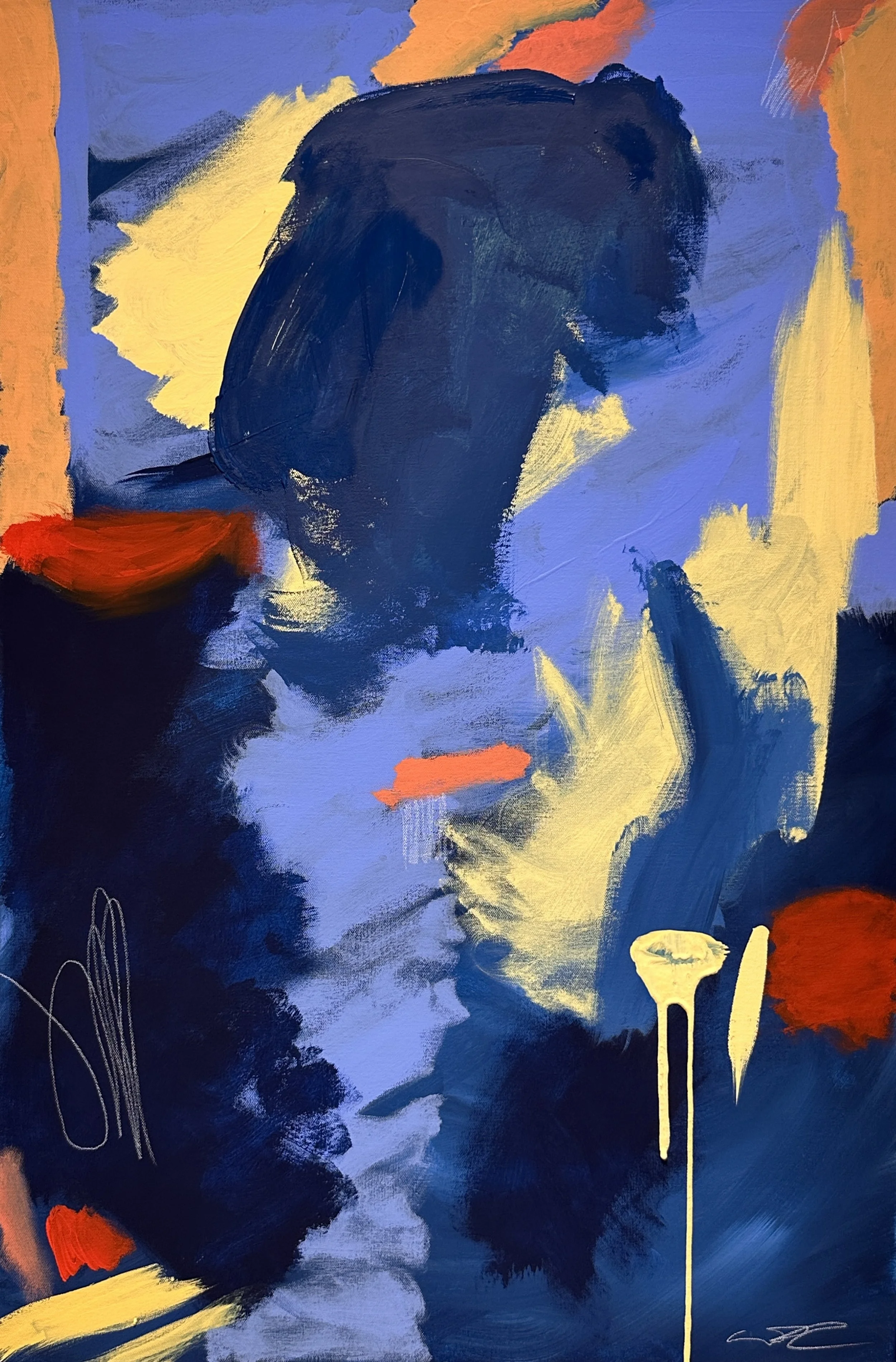 Abstract painting in shades of blue, yellow, red, and orange, with bold brushstrokes and drips.