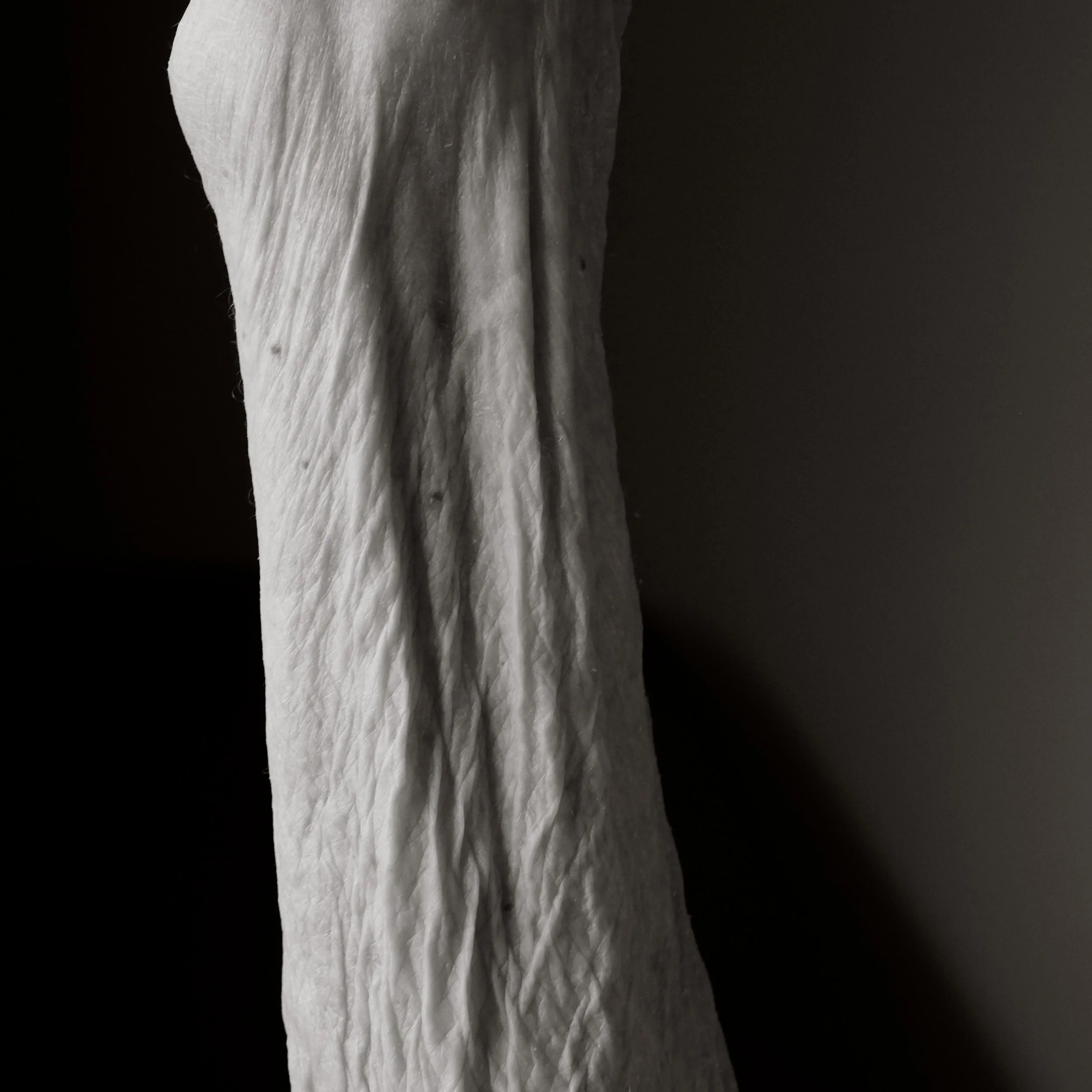 Close-up of a crumpled white paper towel against a dark background.