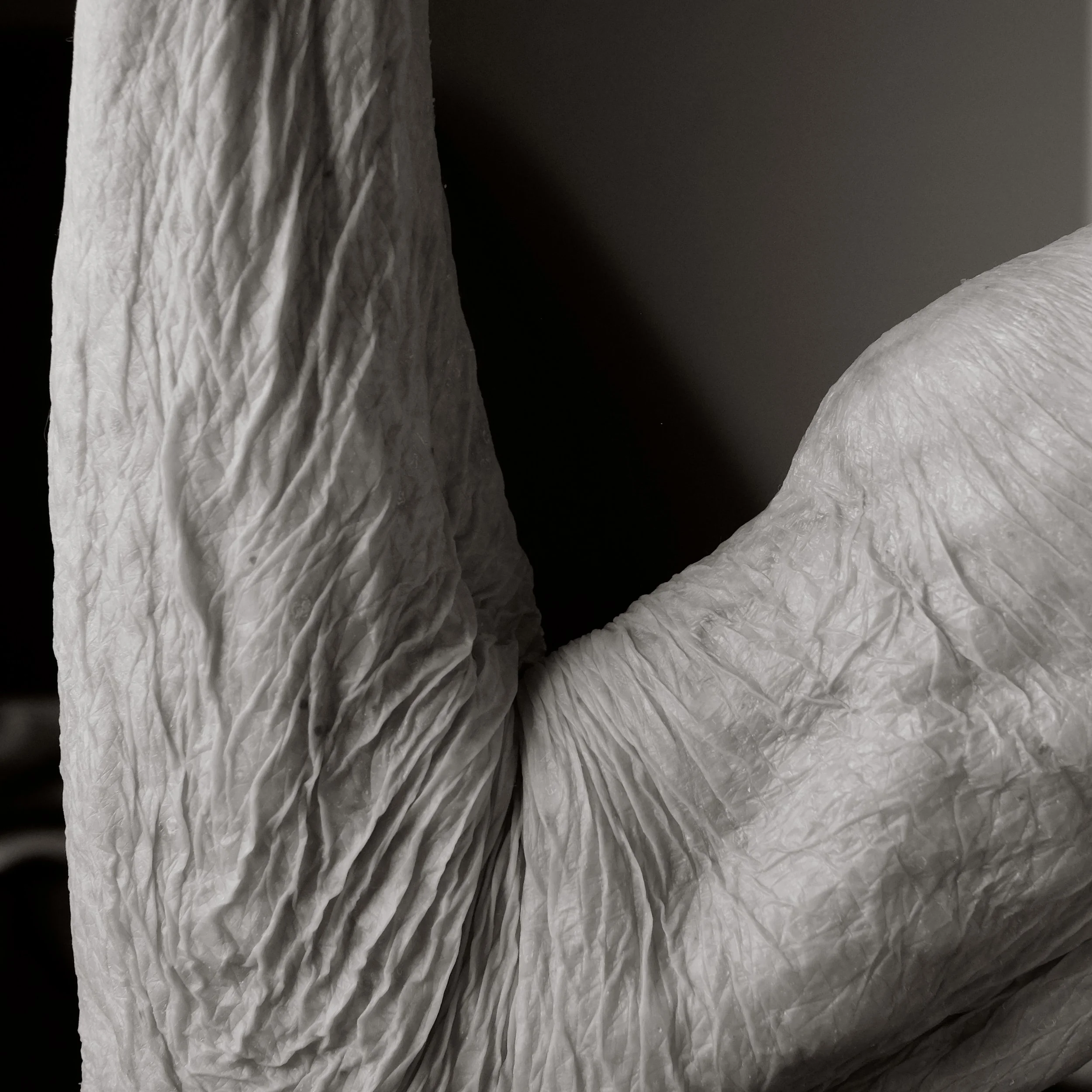 Close-up of two overlapping white paper towels with textured surface and visible wrinkles.