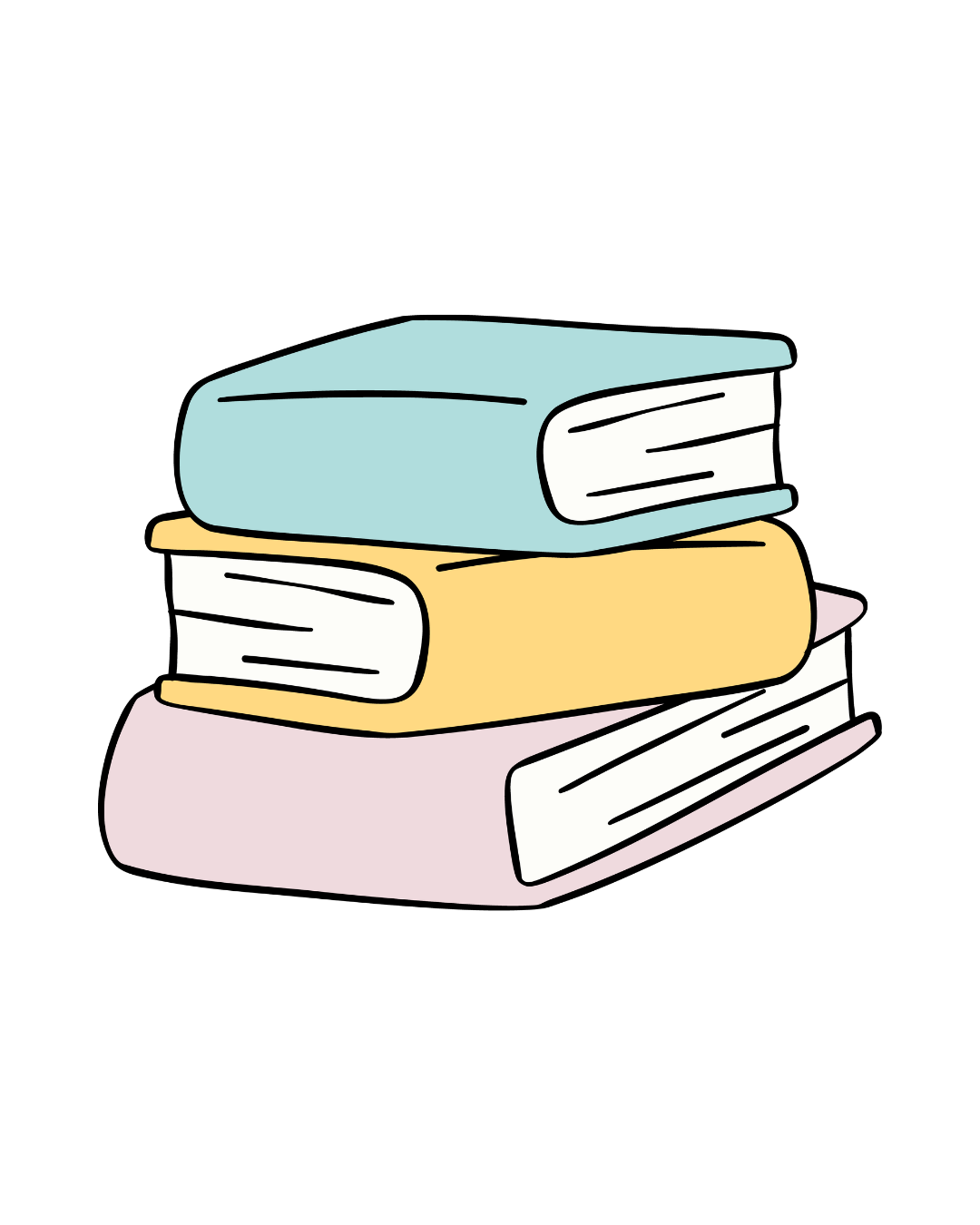 A stack of three colorful books against a black background, with the top book in light blue, the middle in yellow, and the bottom in pink.