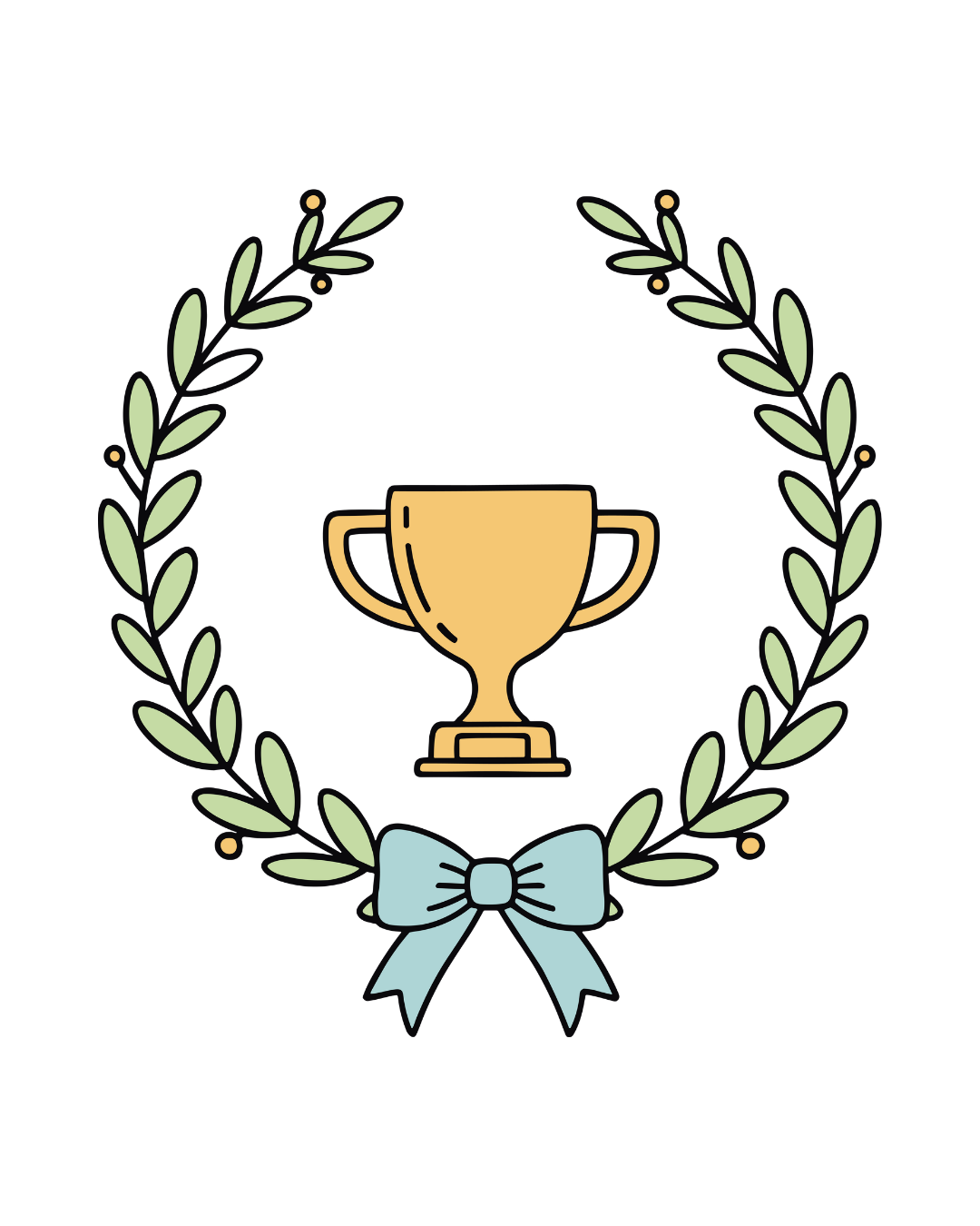 A gold trophy centered in a laurel wreath with a blue ribbon at the bottom against a black background.
