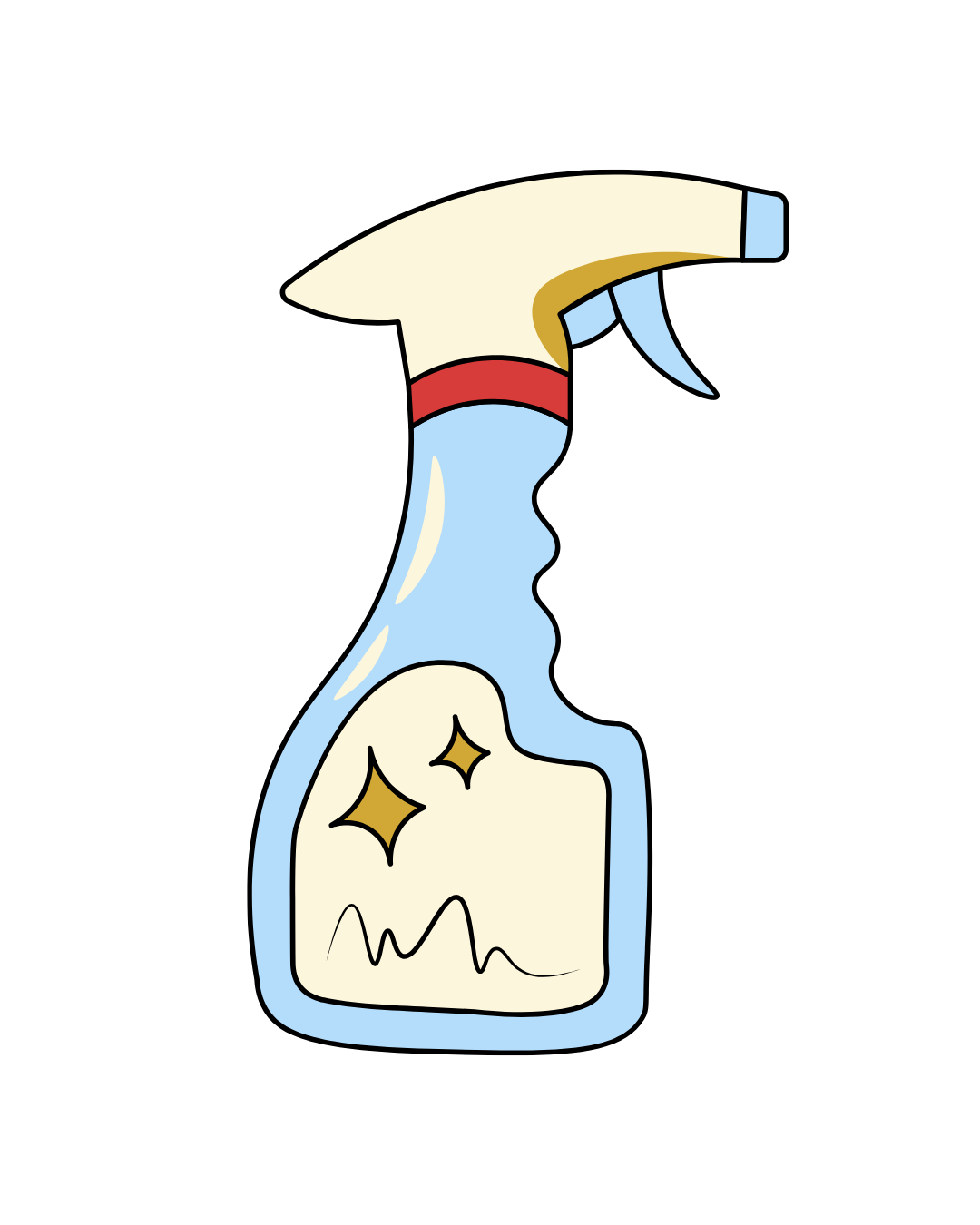 A cartoon illustration of a spray bottle with a blue liquid inside, featuring a trigger and spray nozzle, on a black background.
