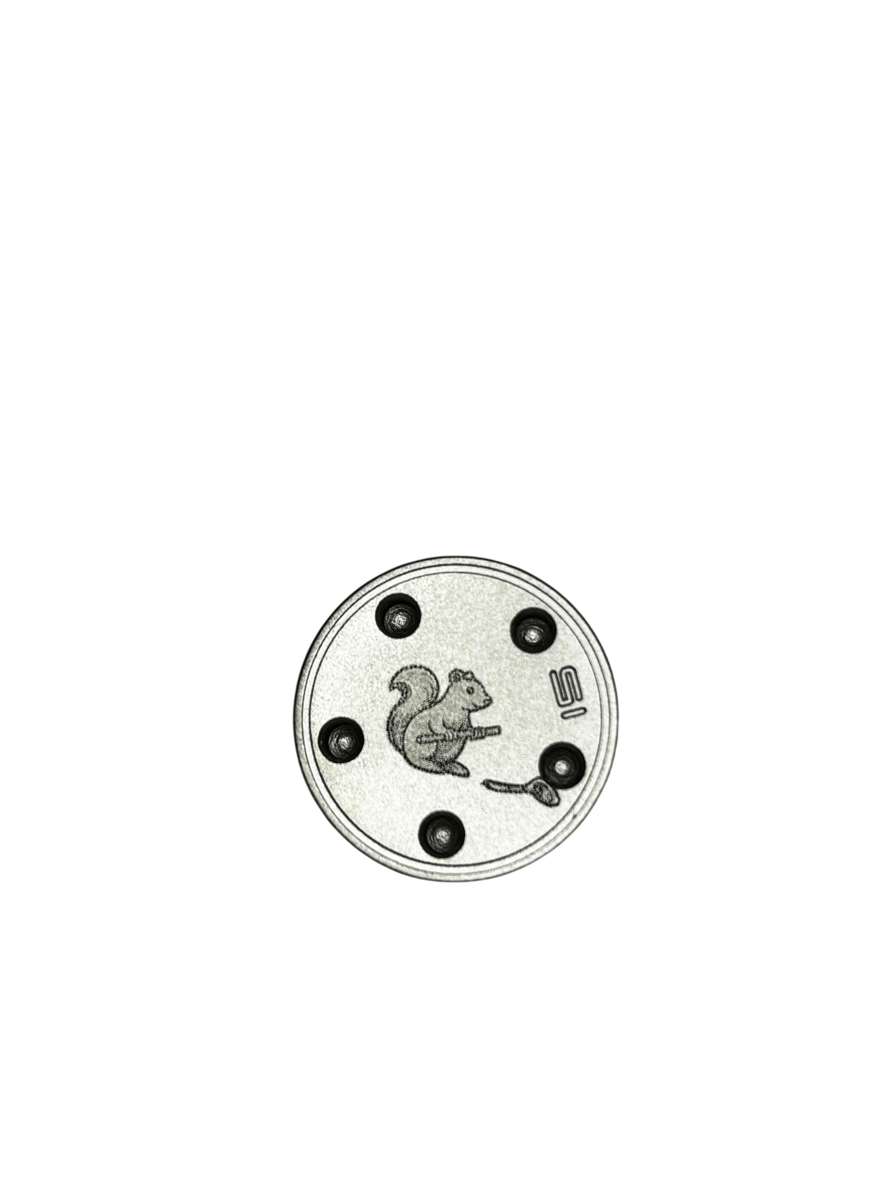 Close-up of a silver coin with a squirrel holding an acorn in the center, surrounded by small black circles.