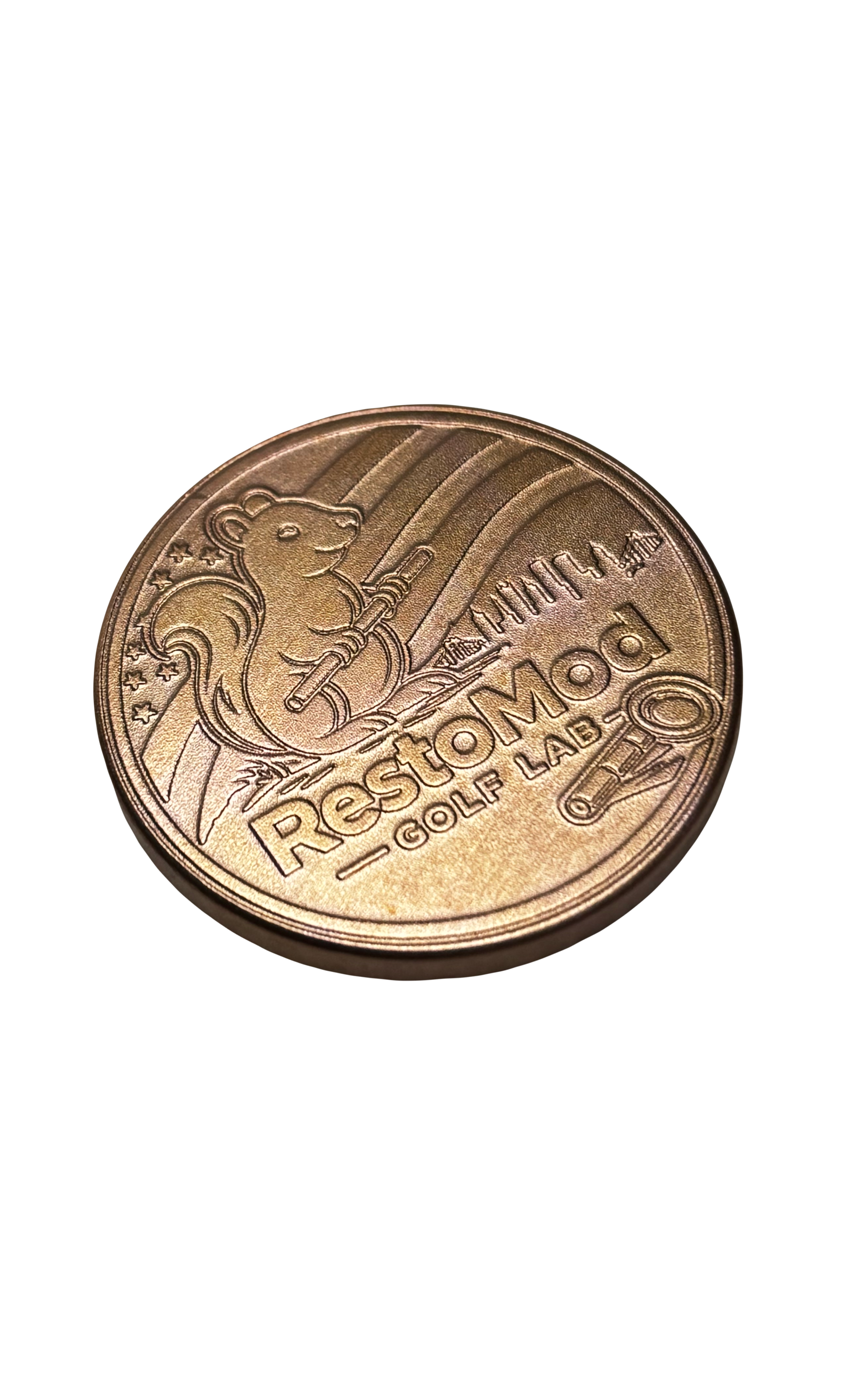 Close-up of a copper-colored coin with a squirrel holding a golf club, and the words 'Preston Golf Lab' and '100' engraved on it.