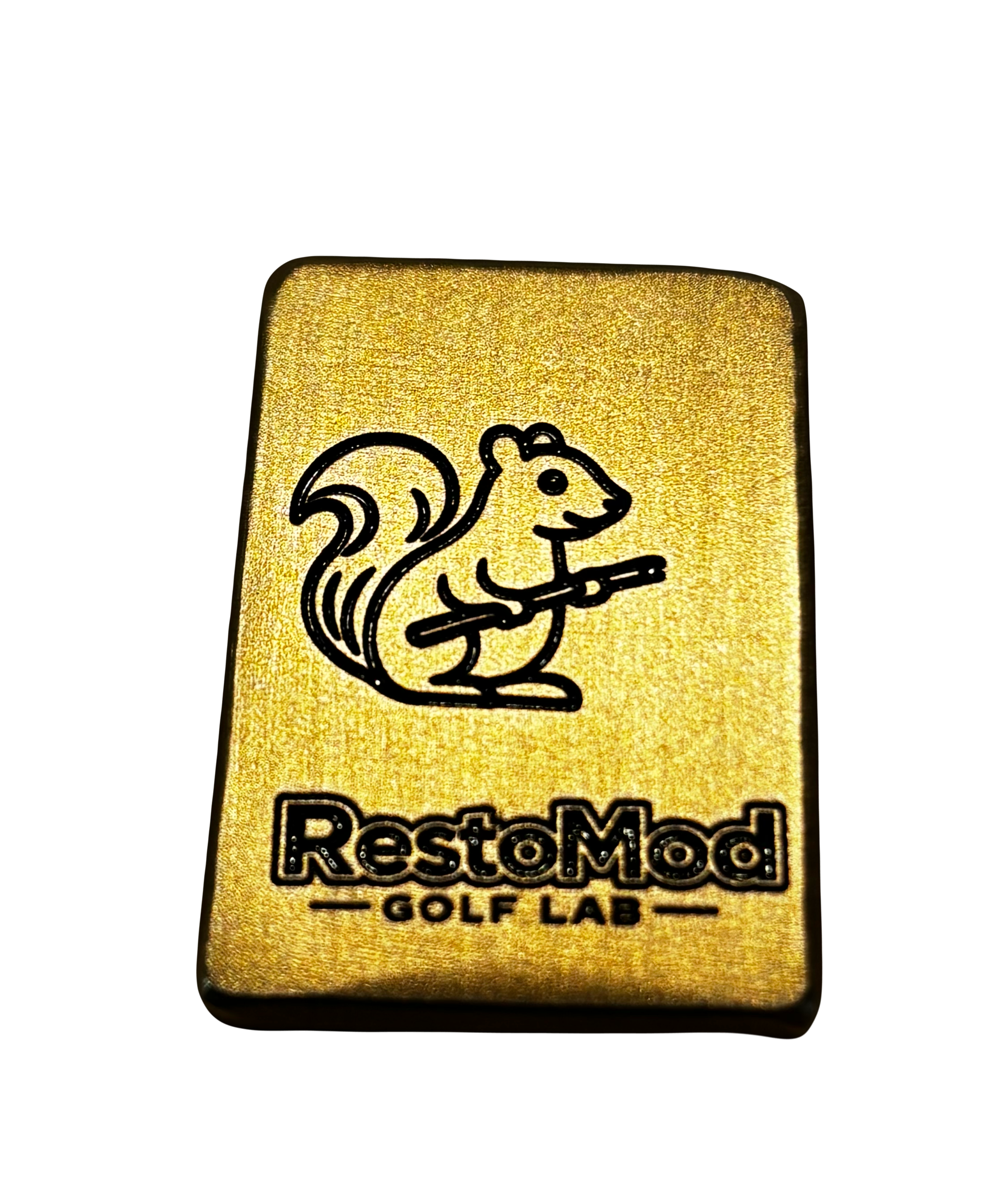A rectangular yellow light box with black outlines of a rooster and text that reads 'RestoMoo! Golf Lab' underneath.