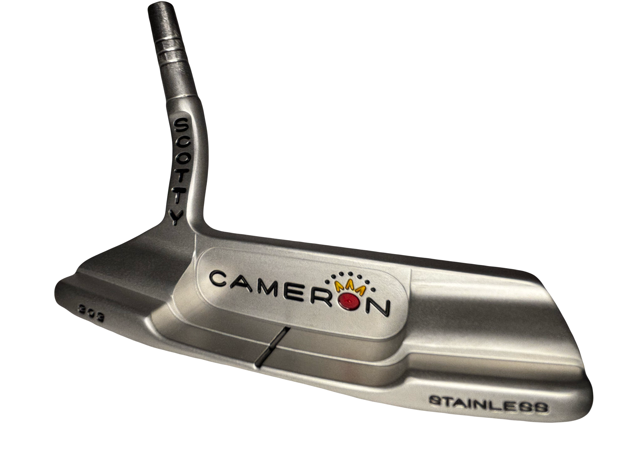 Close-up of a stainless steel toy camera with the brand name "CAMERON" engraved on it, set against a black background.