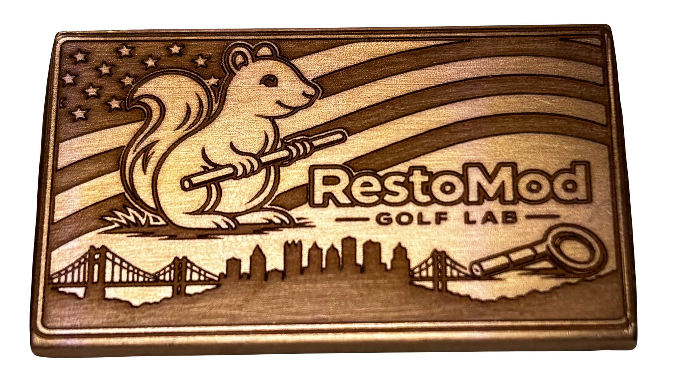 Wooden plaque featuring a squirrel holding a golf club, with the San Francisco skyline silhouette and the Golden Gate Bridge in the background. The plaque includes the text 'Restormod Golf Lab'.