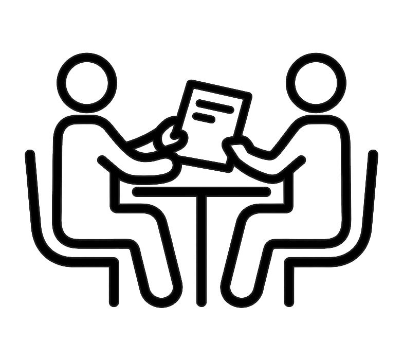 Line drawing of two people sitting at a table, exchanging a document or card.