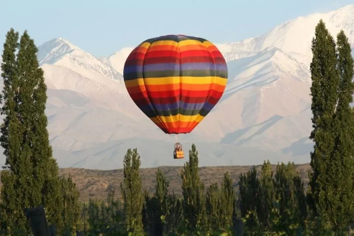 Un globo aerostático de colores vibrantes flotando sobre un campo con árboles, con montañas nevadas al fondo.