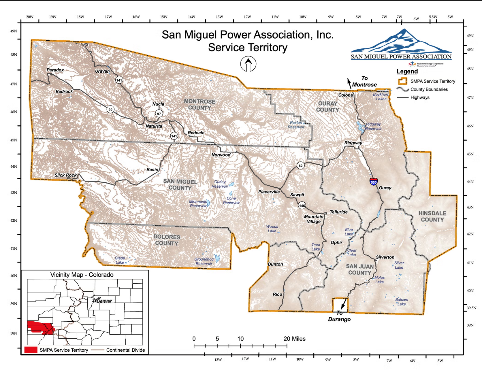 Map of the San Miguel Power Association service territory in Colorado, showing county boundaries, highways, lakes, reservoirs, and key towns like Telluride, Ouray, Silverton, and Durango.