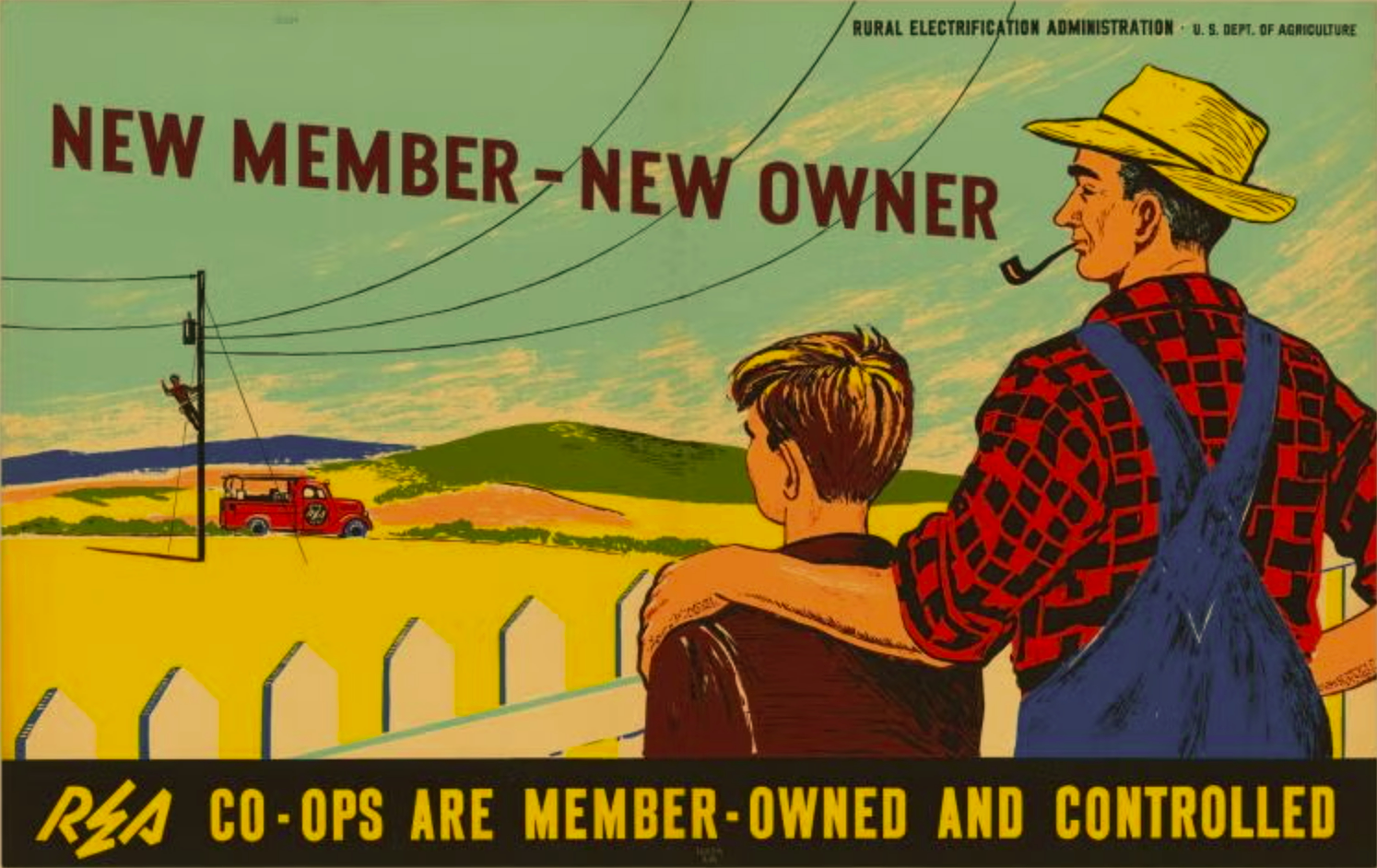 Vintage rural electrical cooperative advertisement from the U.S. Department of Agriculture showing a man and boy overlooking a countryside with power lines and a utility truck. The text reads 'New Member - New Owner' and 'Co-ops are member-owned and controlled.'