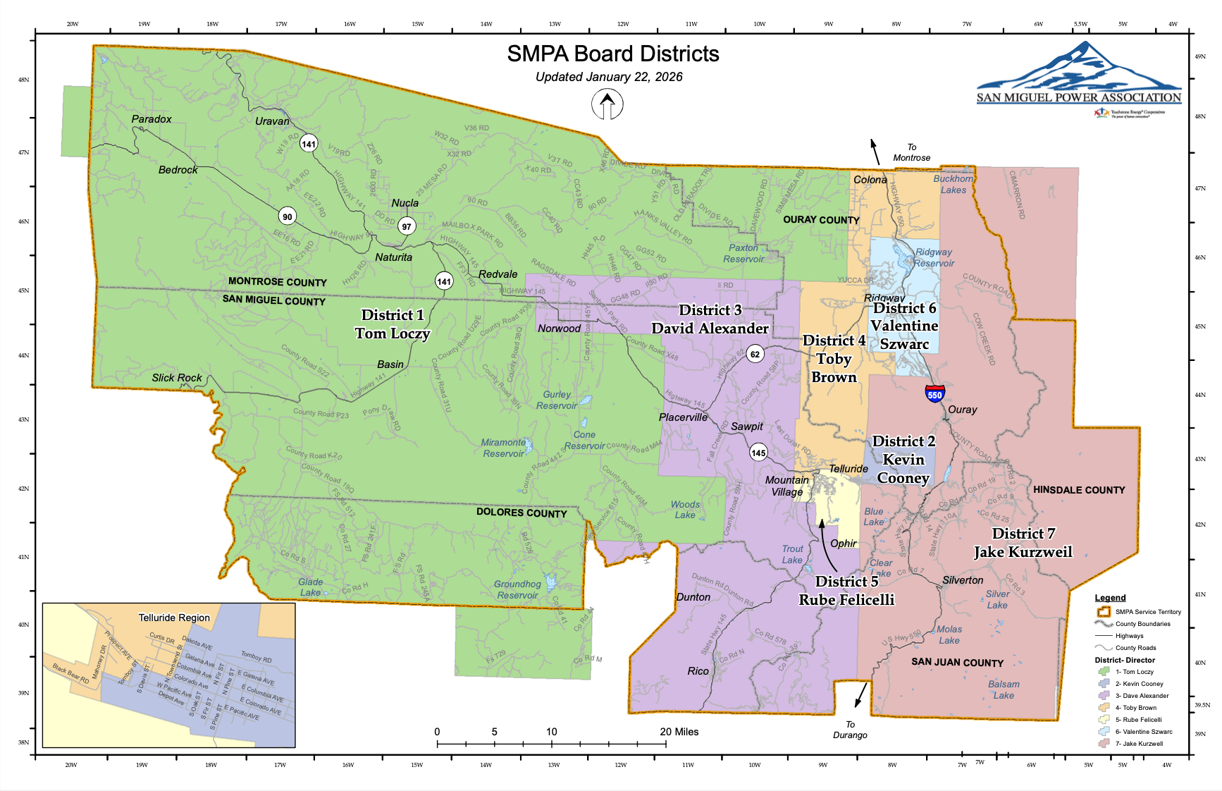 Map of San Miguel Power Association (SMPA) districts and county boundaries, showing district numbers, names, and locations in Colorado, with highways, reservoirs, lakes, and notable landmarks labeled.