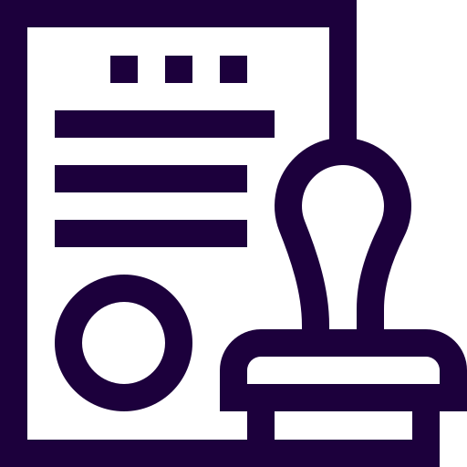 Icon of a sheet of paper with lines and dots and a rubber stamp.