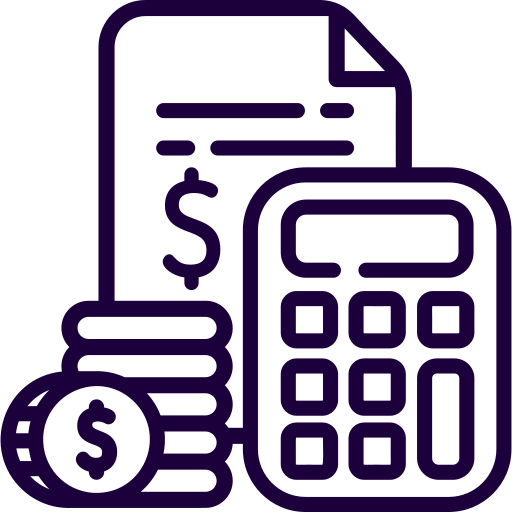 Line drawing of a financial document, coin, stack of coins, and calculator, representing finance or accounting.
