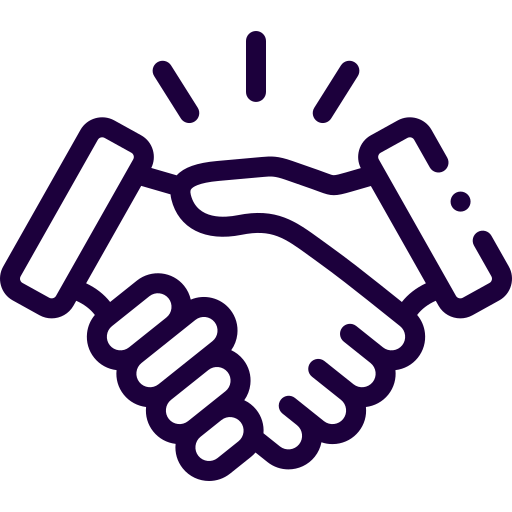 Outline icon of two hands shaking, representing a handshake or agreement.