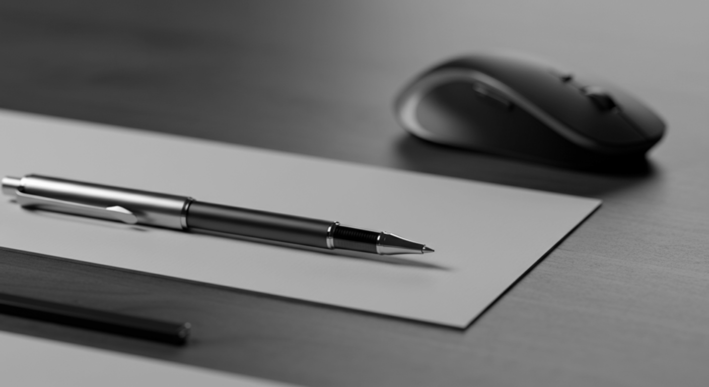 A pen resting on a blank sheet of paper on a wooden desk, with a computer mouse in the background.