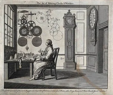 'The Art of Makeing Clocks & Watches' ~ a horologist seated at his workbench, 1748