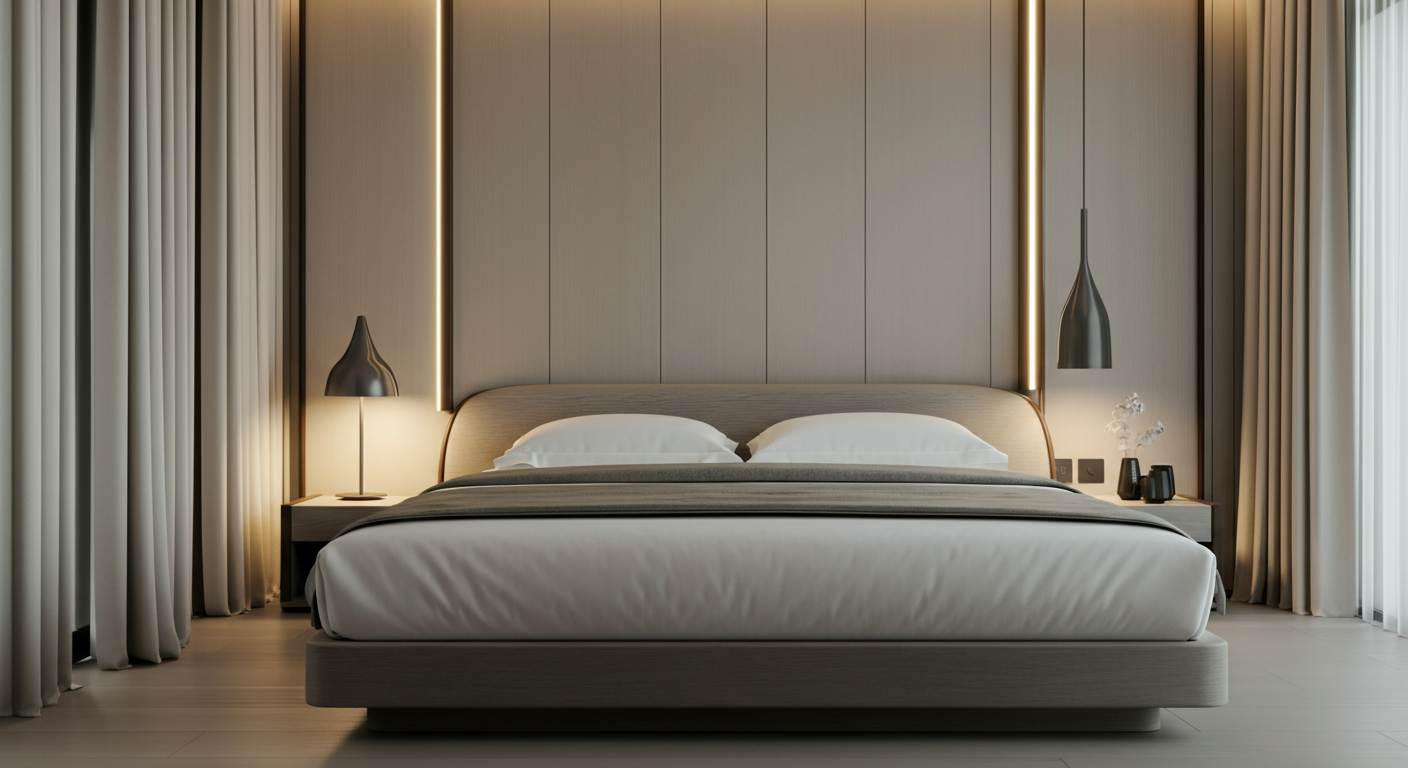 Modern hotel bedroom with a large bed, bedside lamps, and curtains.