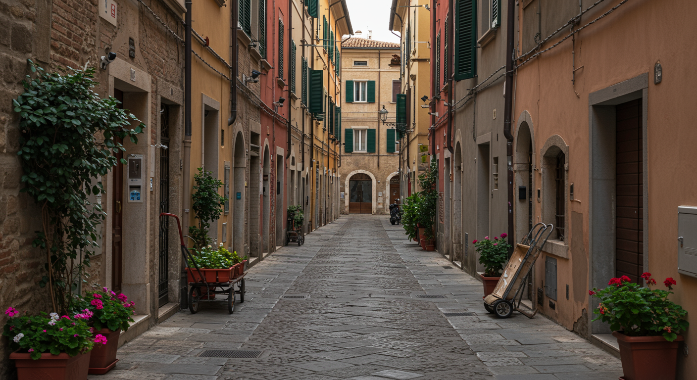 Empty narrow European cobblestone street lined with potted plants and apartment buildings with green shutters.