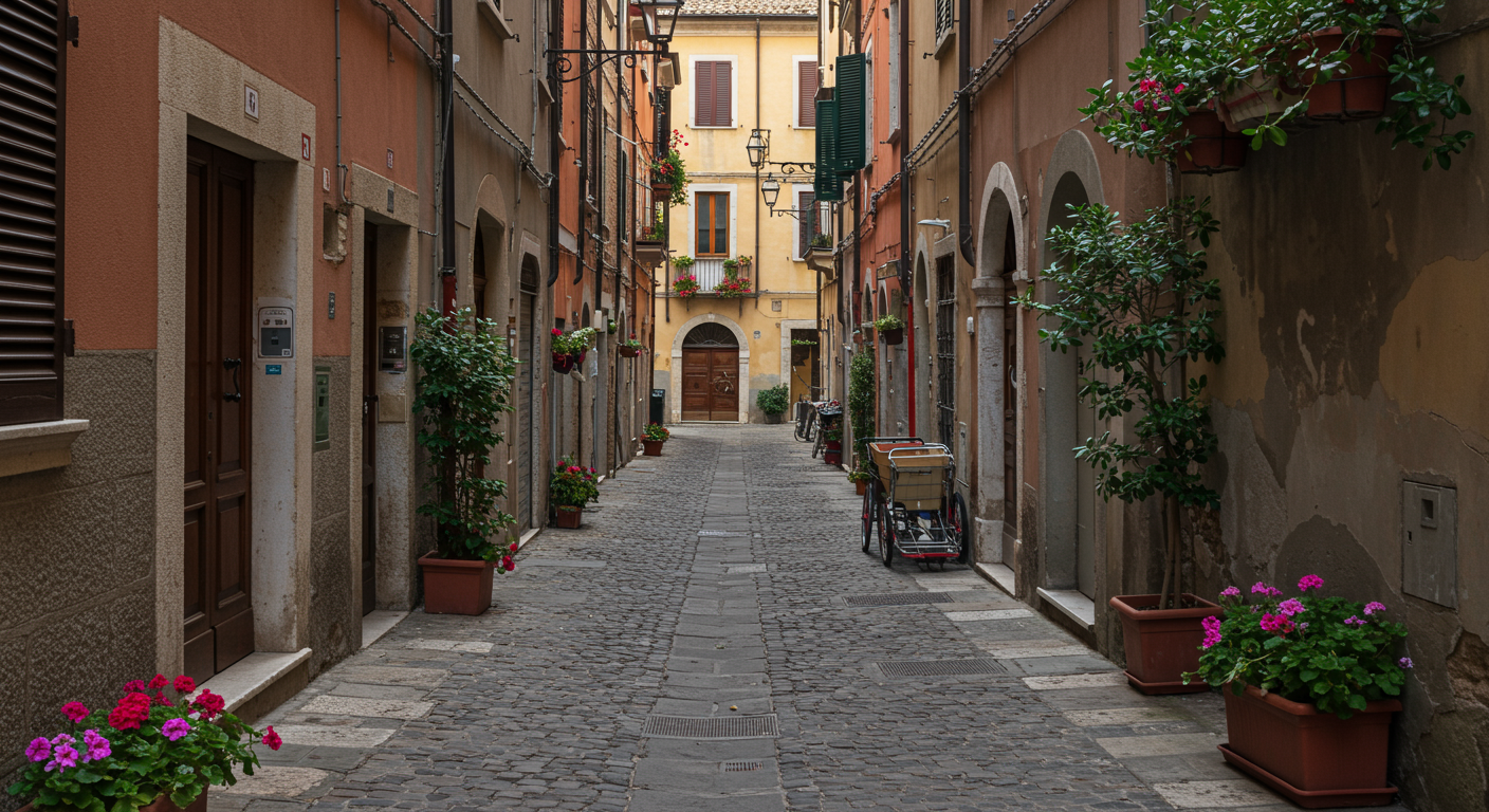 A narrow cobblestone alleyway lined with colorful buildings, potted plants, bicycles, and flowers.