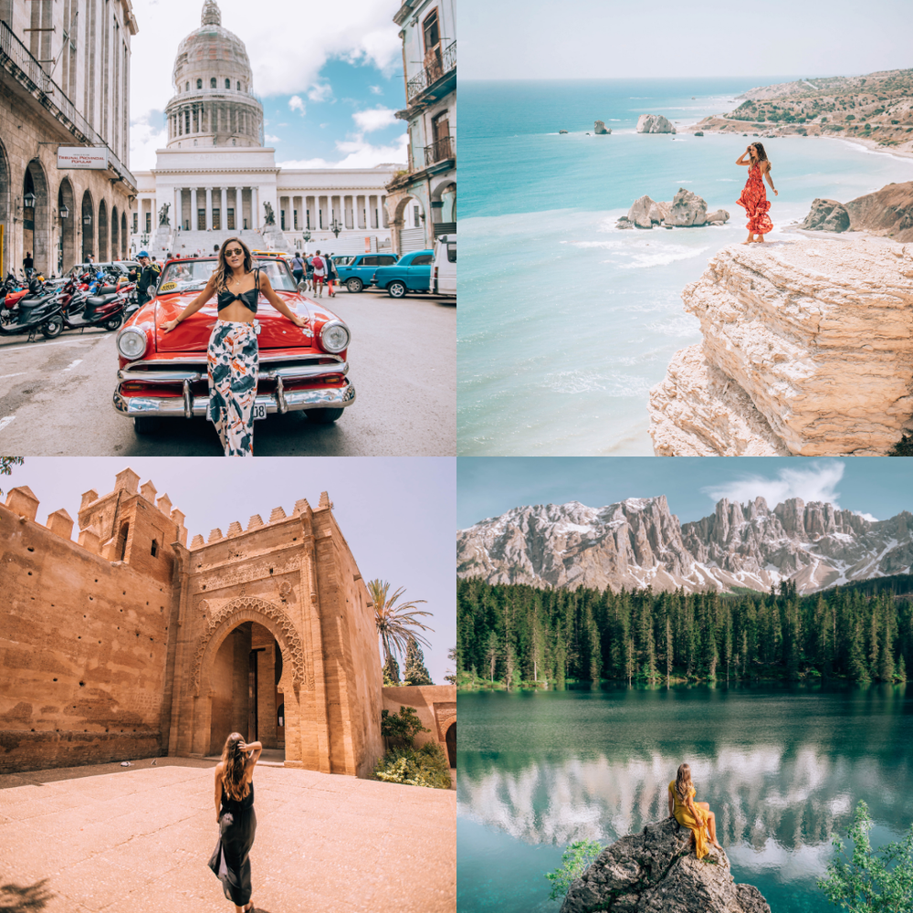 A collage of four travel or vacation scenes: the top left shows a woman posing in front of a classic car and the Capitol building in Havana, Cuba; the top right features a woman standing on a rocky cliff overlooking the ocean on a sunny day; the bottom left displays a woman walking through a historic city gate in Morocco; and the bottom right captures a woman sitting on a rock by a mountain lake with a forested background.