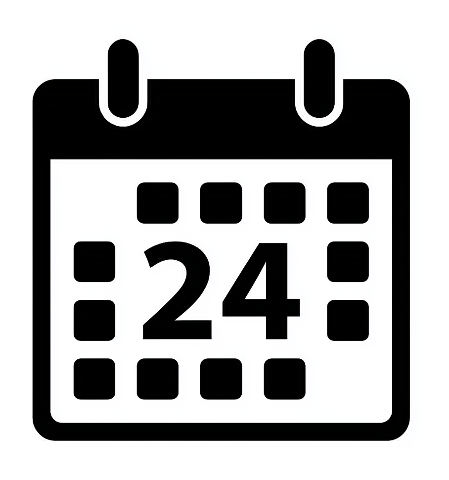Neon-style digital calendar showing the date 24 with a large number 2 and 4, surrounded by small squares representing days of the month.