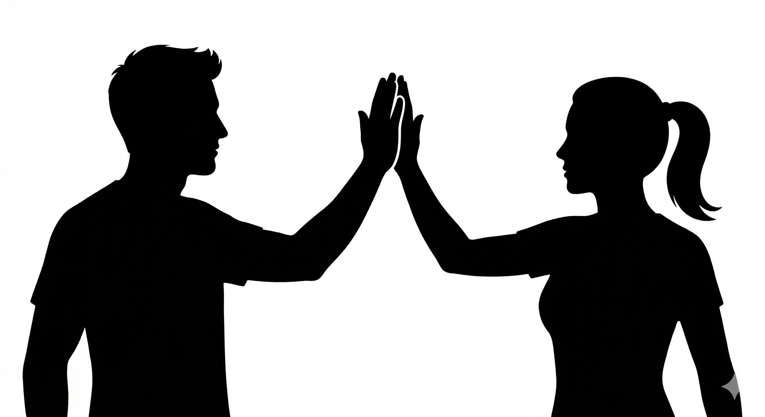 Silhouette of a man and a woman facing each other, giving a high five in front of a yellow lit background.