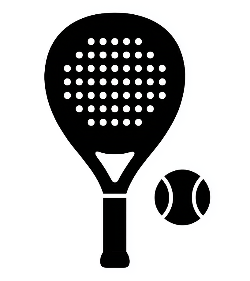 A stylized neon outline of a pickleball paddle and a ball against a black background.