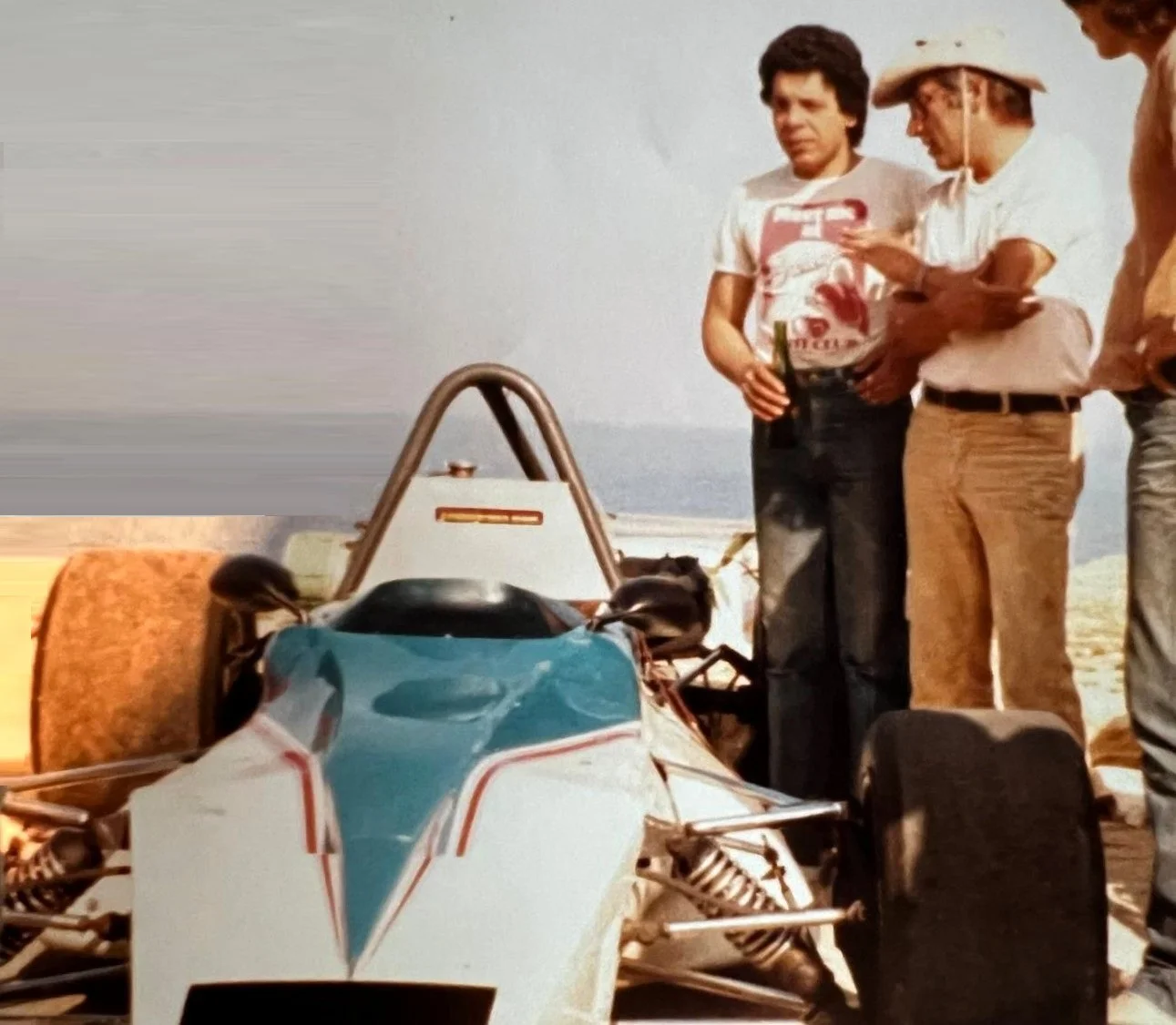 Joe "Noni" Grech on the left having a chat next to his single-seater Hawke Formula Atlantic in Malta