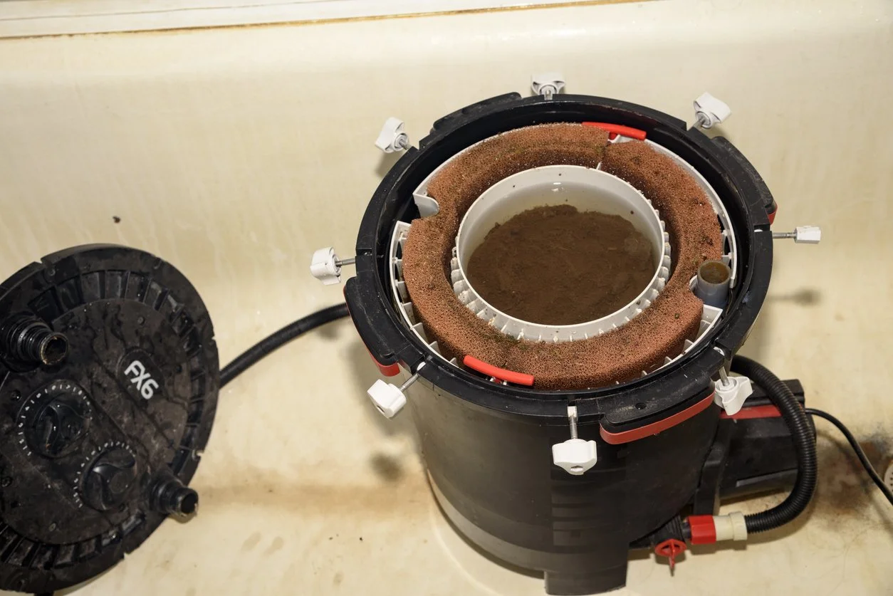 Mangueras desconectadas de un filtro canister para su limpieza