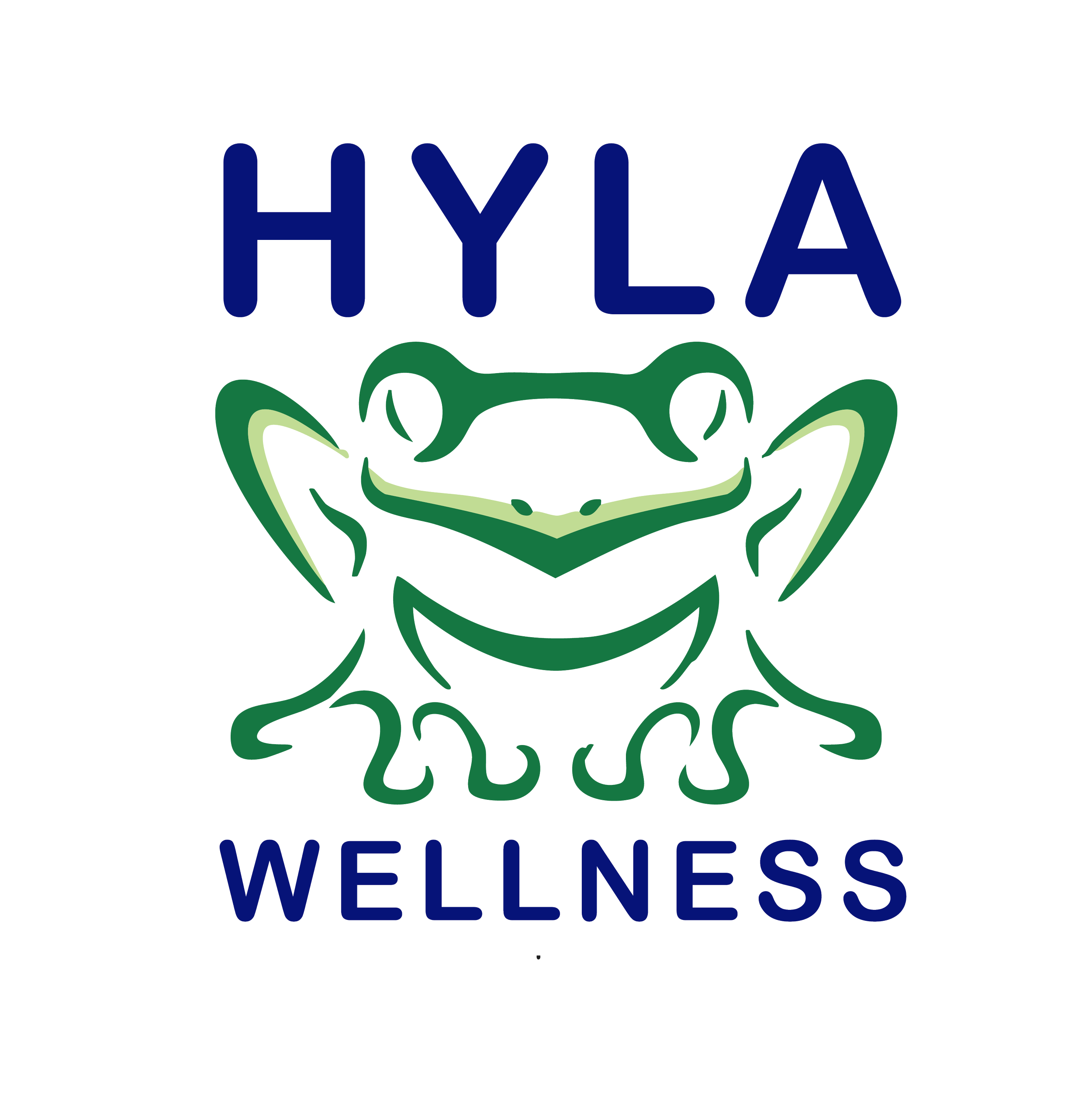 Logo for Hyla Wellness featuring a green stylized frog face above the words 'HYLA' in blue and 'WELLNESS' in blue.