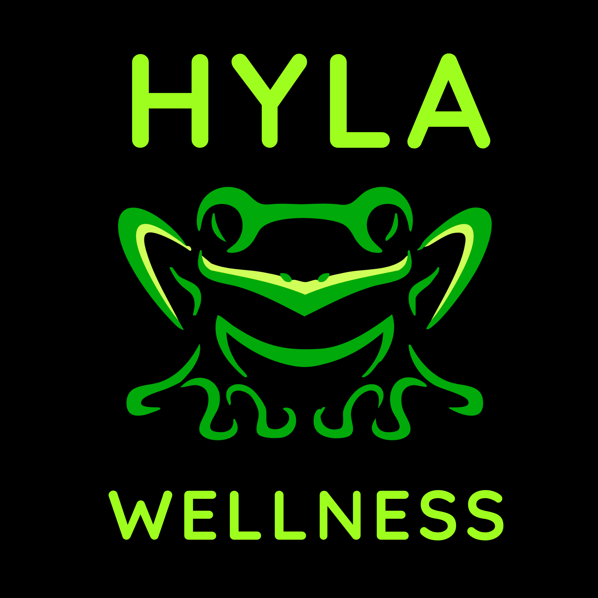 A neon green logo featuring a stylized frog face with the word 'HYLA' above it and 'WELLNESS' below, all on a black background.
