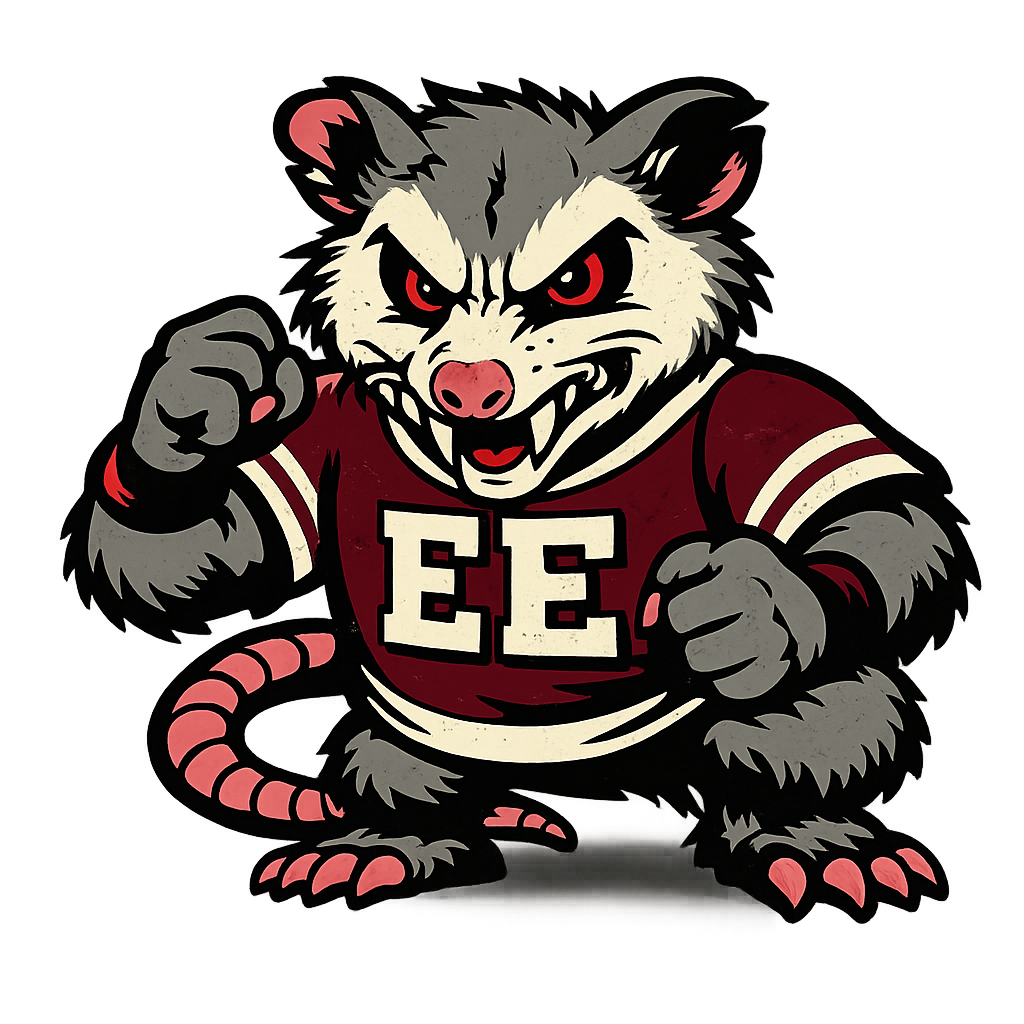 Aggressive cartoon rat mascot in a red football jersey with white stripes and the letters 'EE' on the front, showing clenched fists and sharp claws.