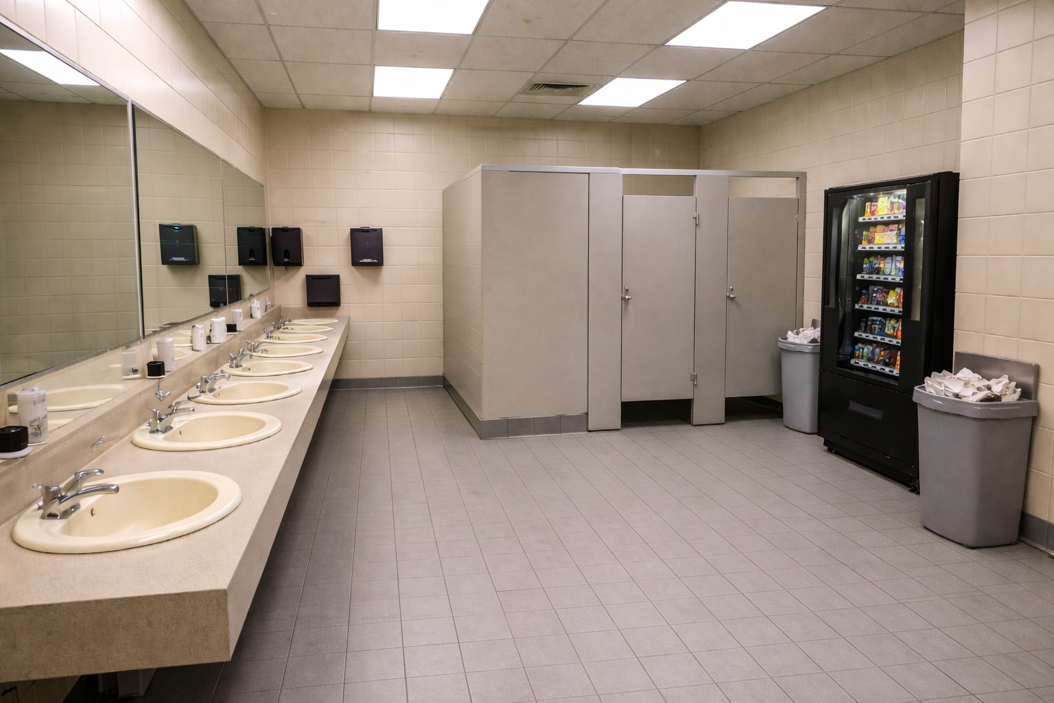 Empty public men's bathroom with six sinks under a mirror on the left wall, three paper towel dispensers above, and gray tiles on the walls and floor. On the right side, there are two trash bins, a vending machine, and two stall doors.
