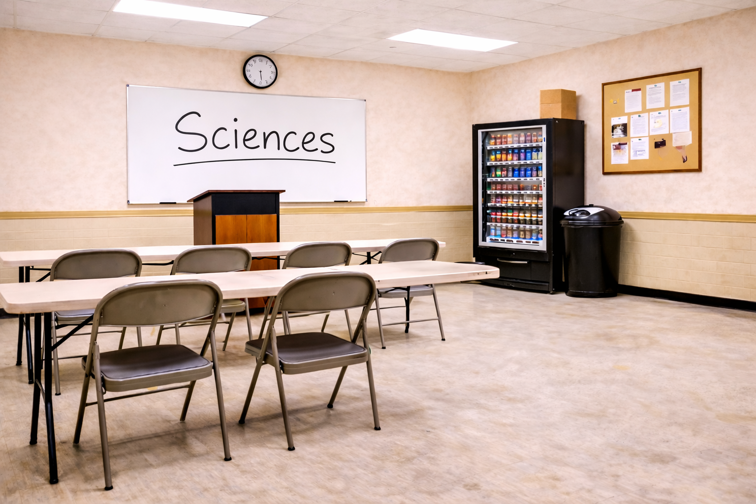 Empty classroom with tables, chairs, a podium, a vending machine, and a bulletin board, labeled 'Sciences' on the whiteboard.
