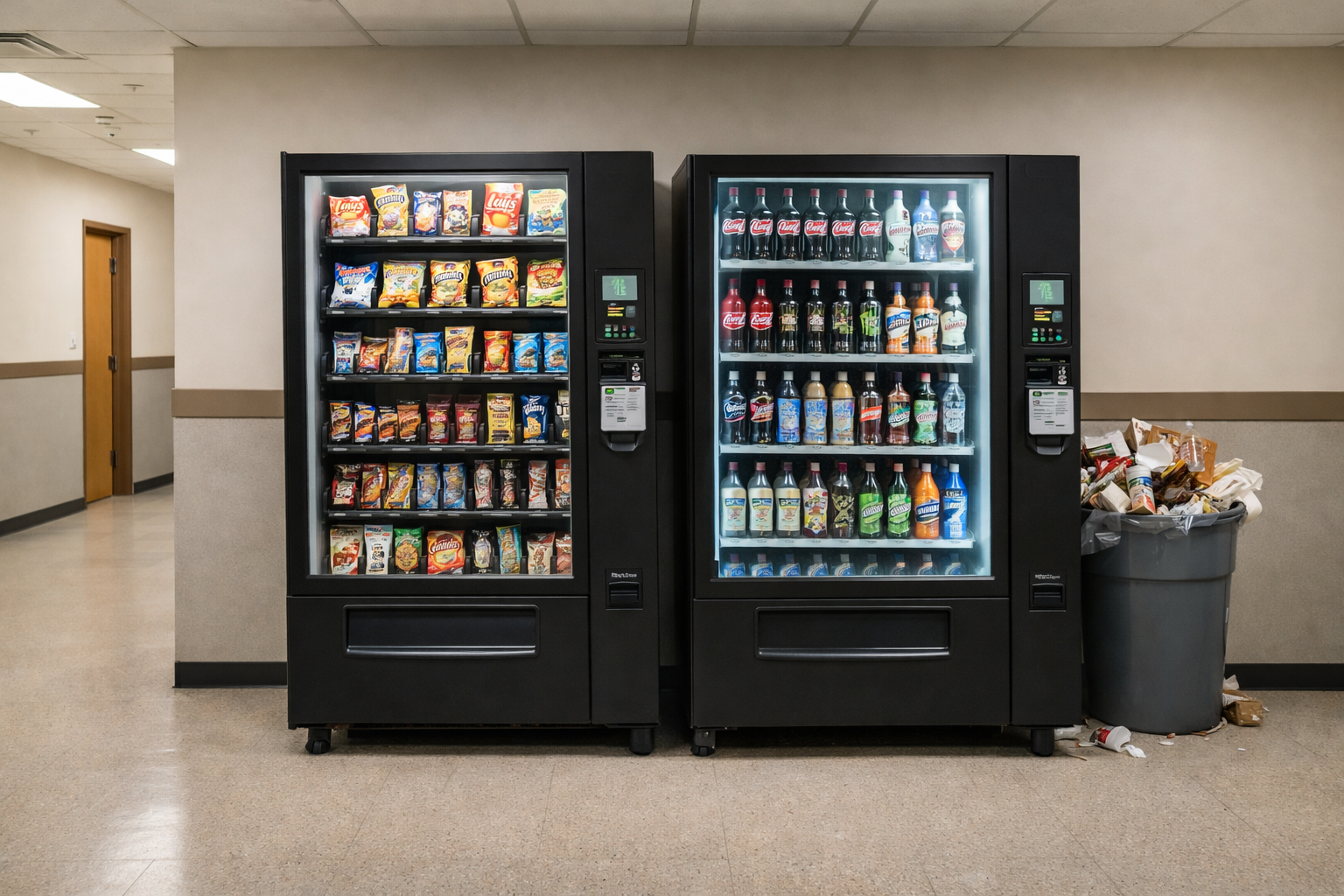 Two vending machines, one with snacks and the other with beverages, located in a hallway next to a trash bin overflowing with trash.
