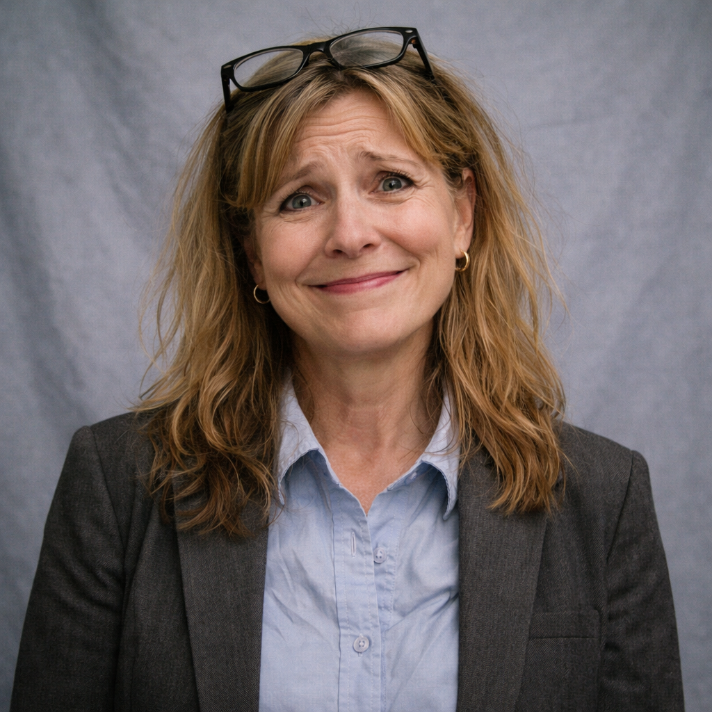 Professor Locklear is a woman with long, wavy red hair wearing glasses on her head, gold hoop earrings, a light blue button-up shirt, and a dark blazer, looking slightly amused or confused against a gray background.