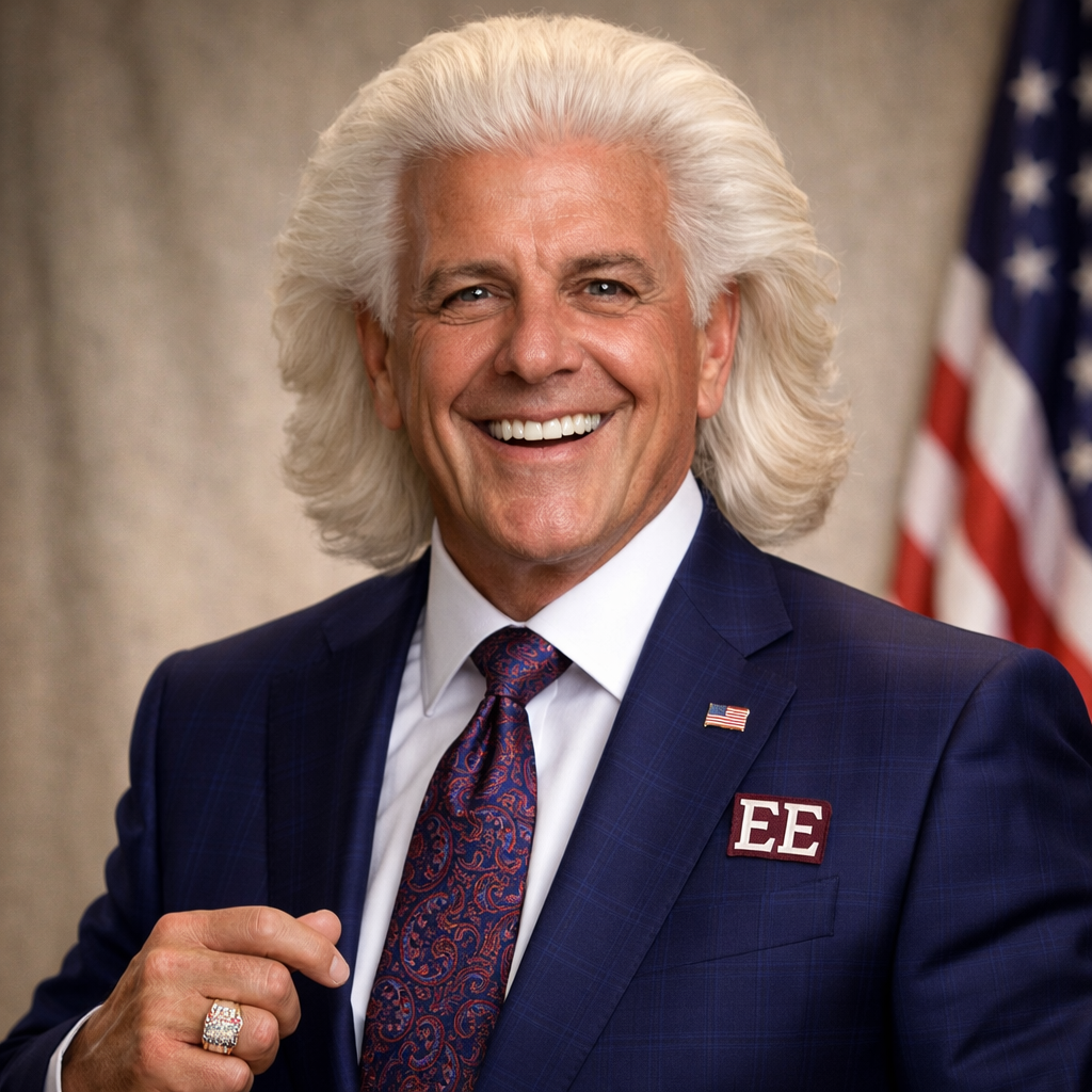 Dean Gary Galloway is a stunningly handsome man with long, white hair, wearing a blue suit with an alumni pin, a patterned tie, and an American flag pin, standing in front of an American flag.