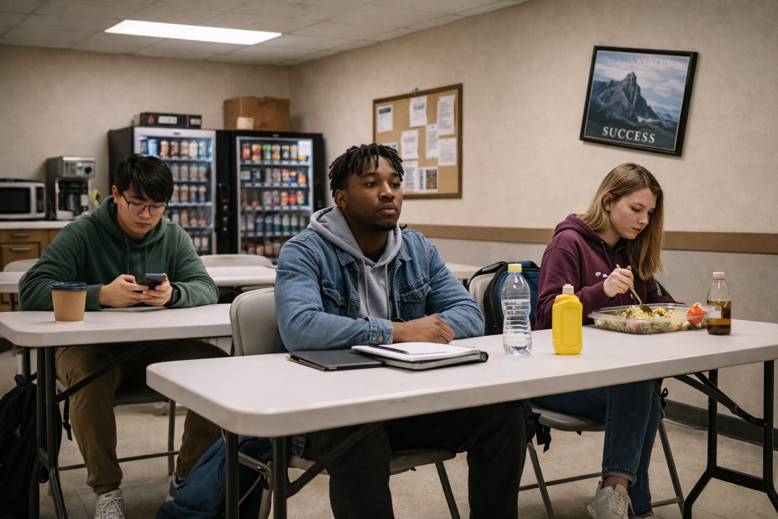 Three students sitting at desks in a room with a vending machine, bulletin board, and framed picture on the wall. Two students are focused on food, while one is looking straight ahead.