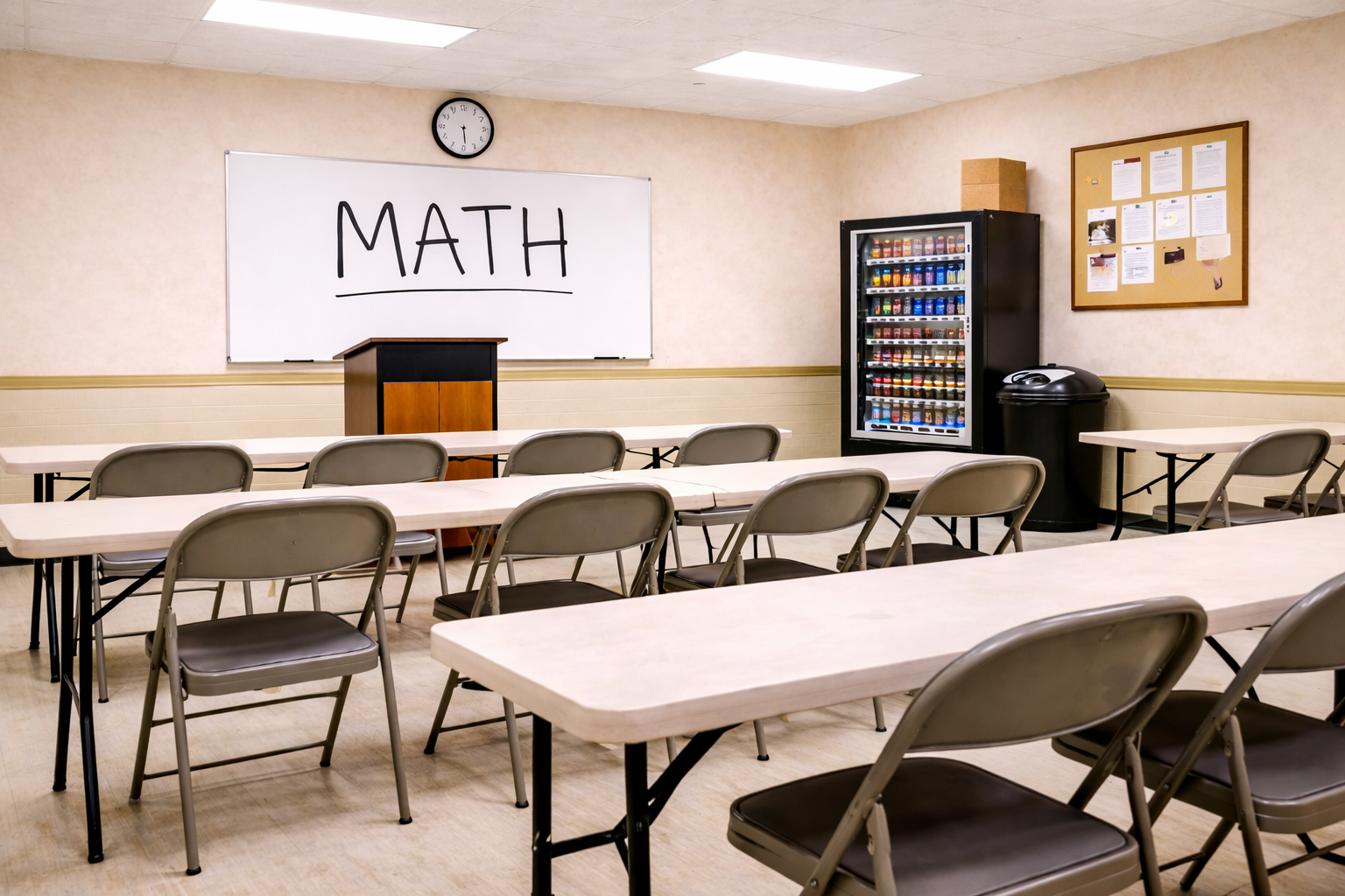Empty classroom with tables and chairs, a whiteboard with 'MATH' written on it, vending machine, bulletin board, and clock showing 10:10.