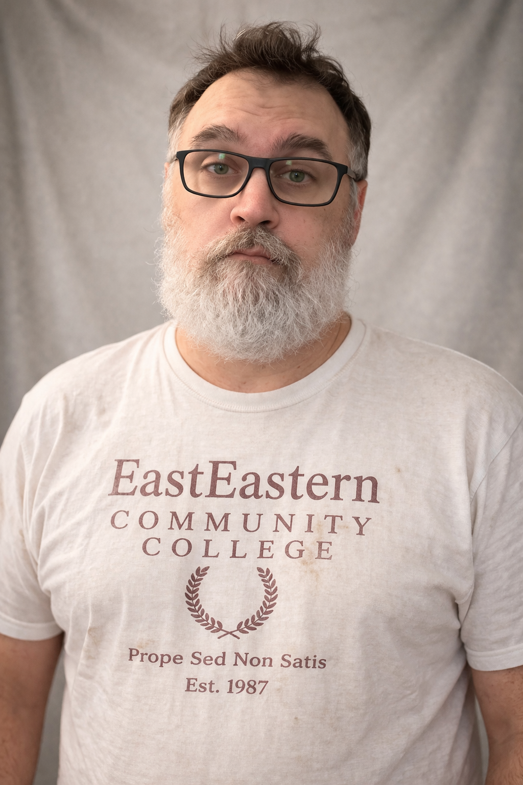 A man with glasses and a gray beard wearing a white T-shirt with maroon text that reads 'EastEastern Community College'. The background is a plain gray fabric.