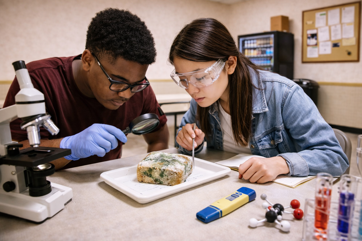 Two students, one male and one female, conducting a science experiment in a laboratory. They are examining a mold sample with a magnifying glass, wearing safety goggles, and working with scientific equipment on the table.