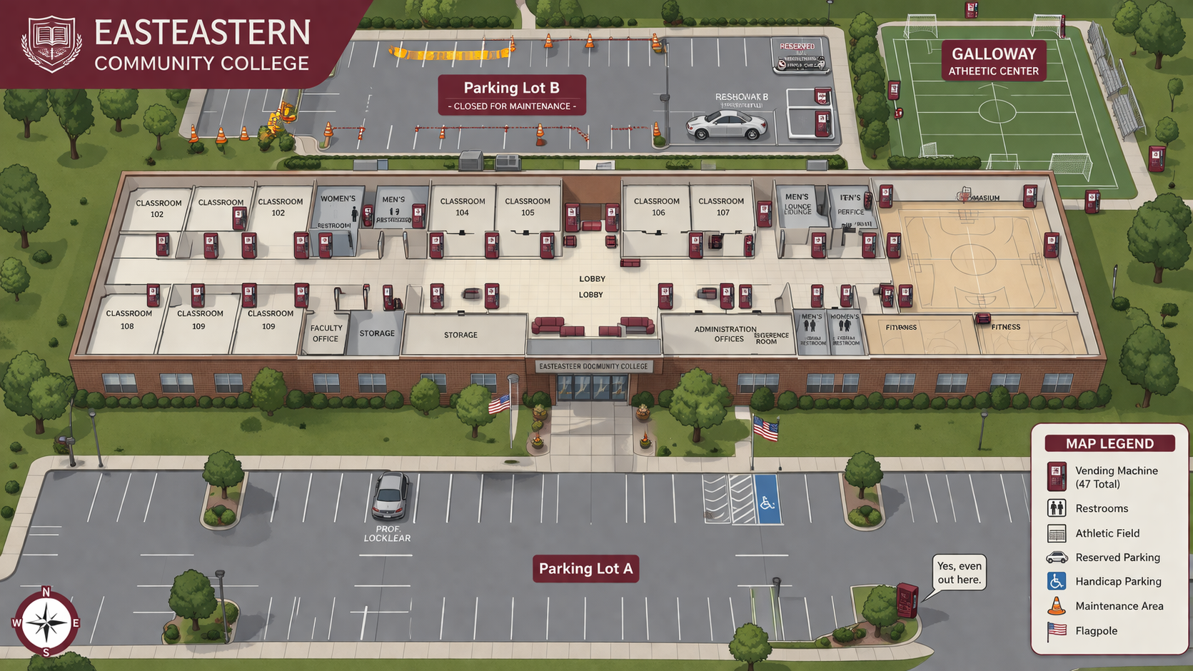A map of Eastern Community College showcasing classroom buildings, gymnasium, athletic field, parking lots, and campus facilities.
