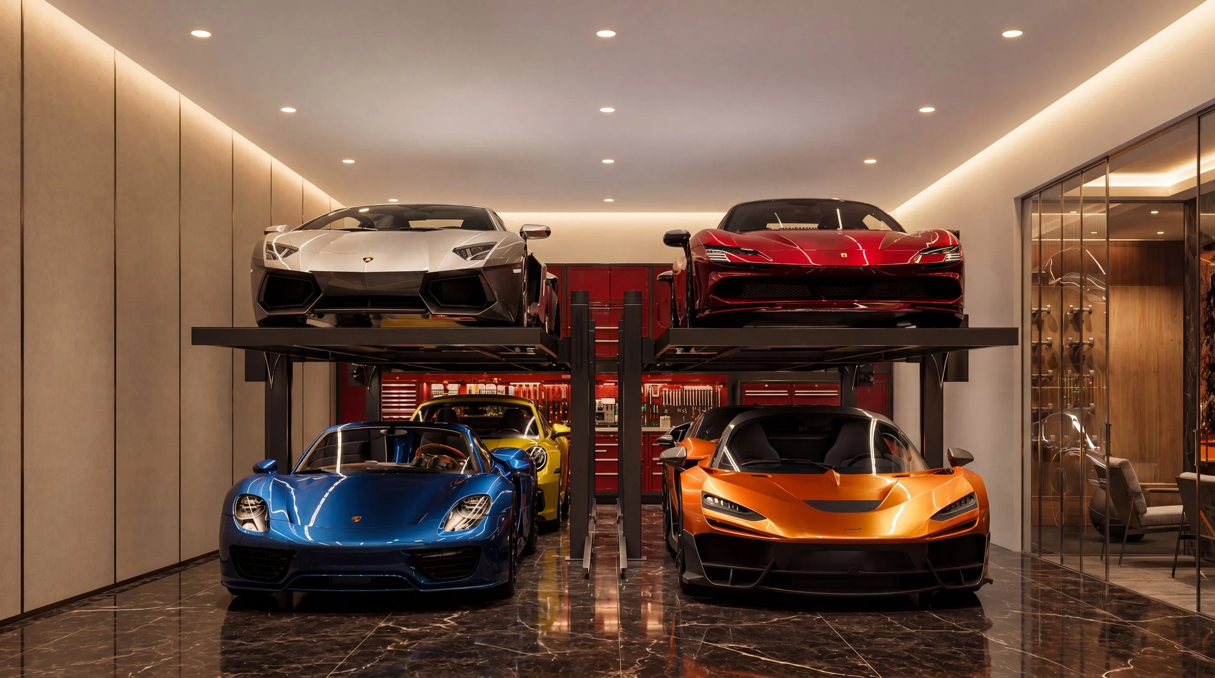 Luxury garage with a red and a grey sports car on a lift, and additional colorful sports cars on the floor.
