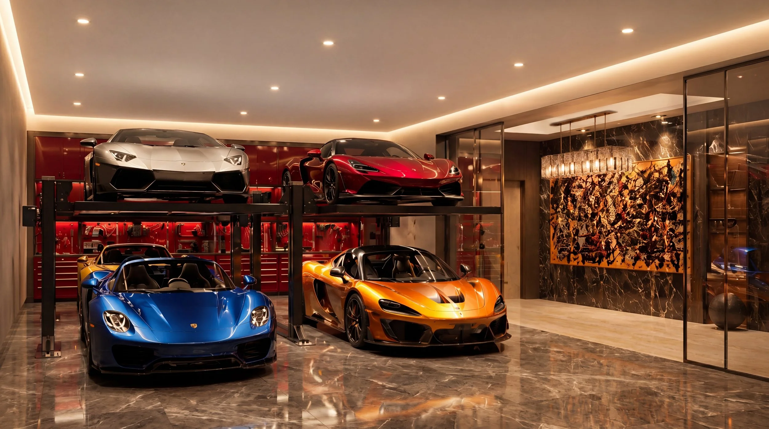 Luxury garage with several high-end sports cars, including a silver Lamborghini, red Ferrari, blue Porsche, orange McLaren, and yellow Porsche, with polished marble floors and warm ambient lighting.