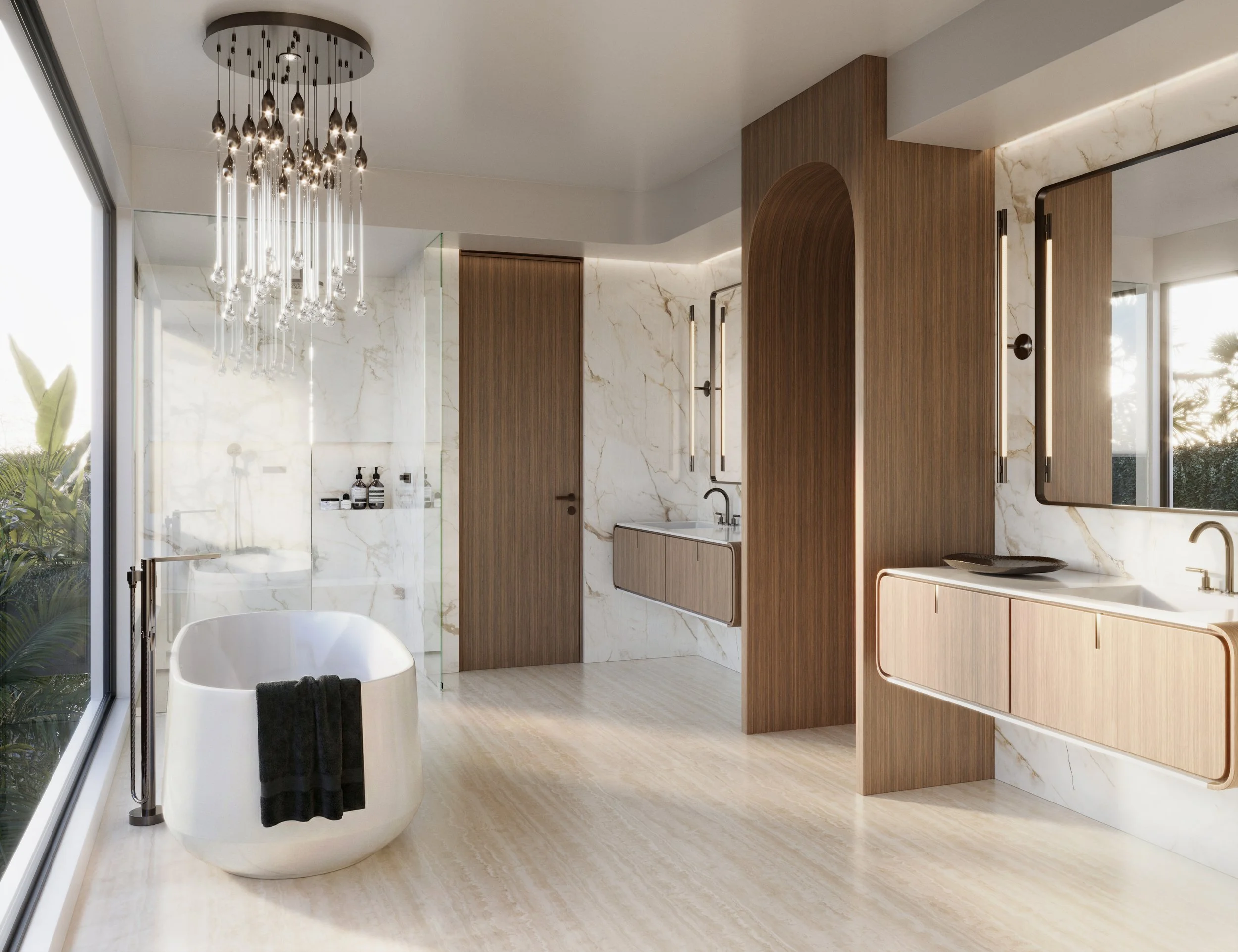 Modern bathroom with large window, white freestanding bathtub with black towel, wooden and marble accents, large mirror, and unique ceiling light fixture.