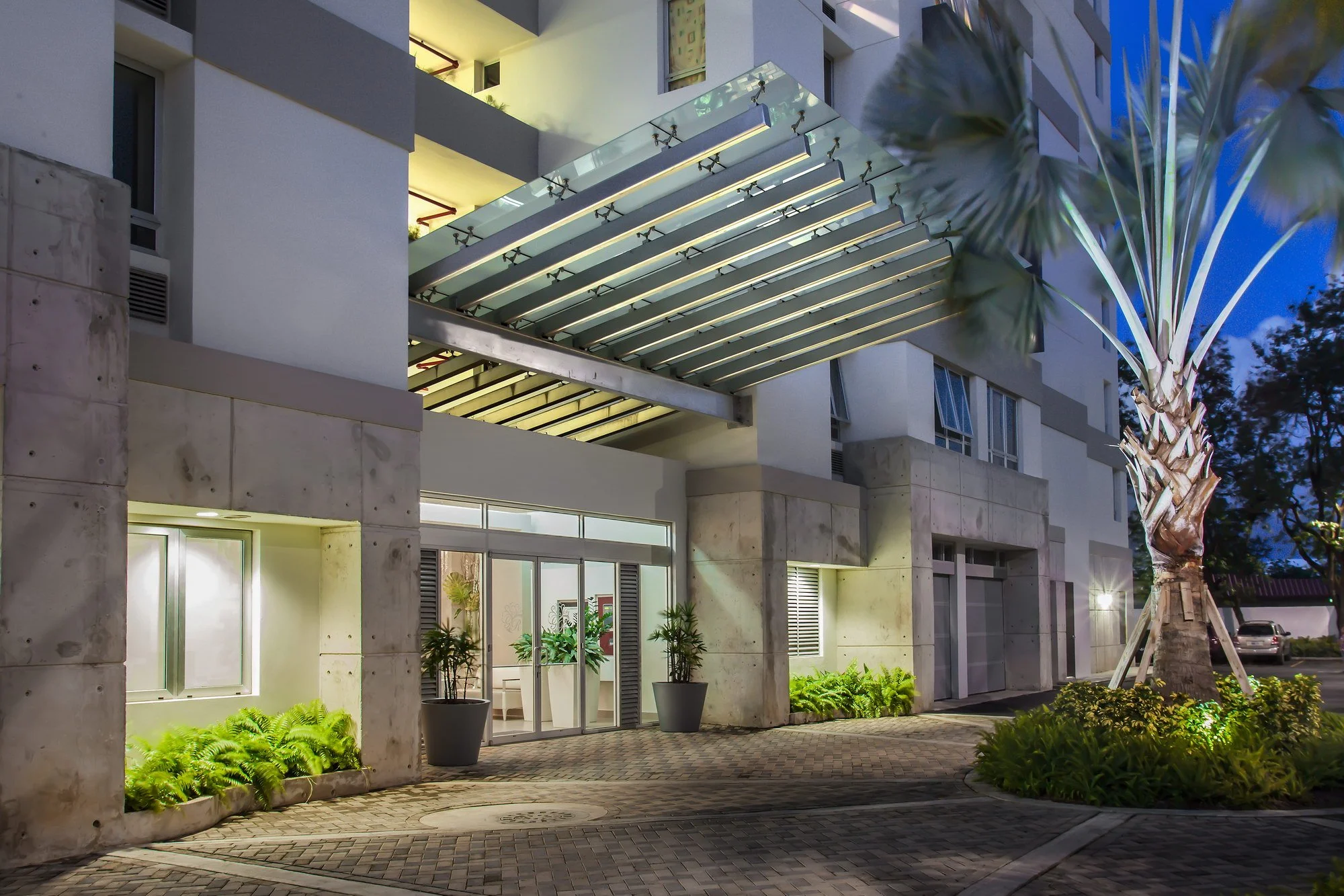 Exterior of a modern building with a glass awning, illuminated windows, and potted plants at night.